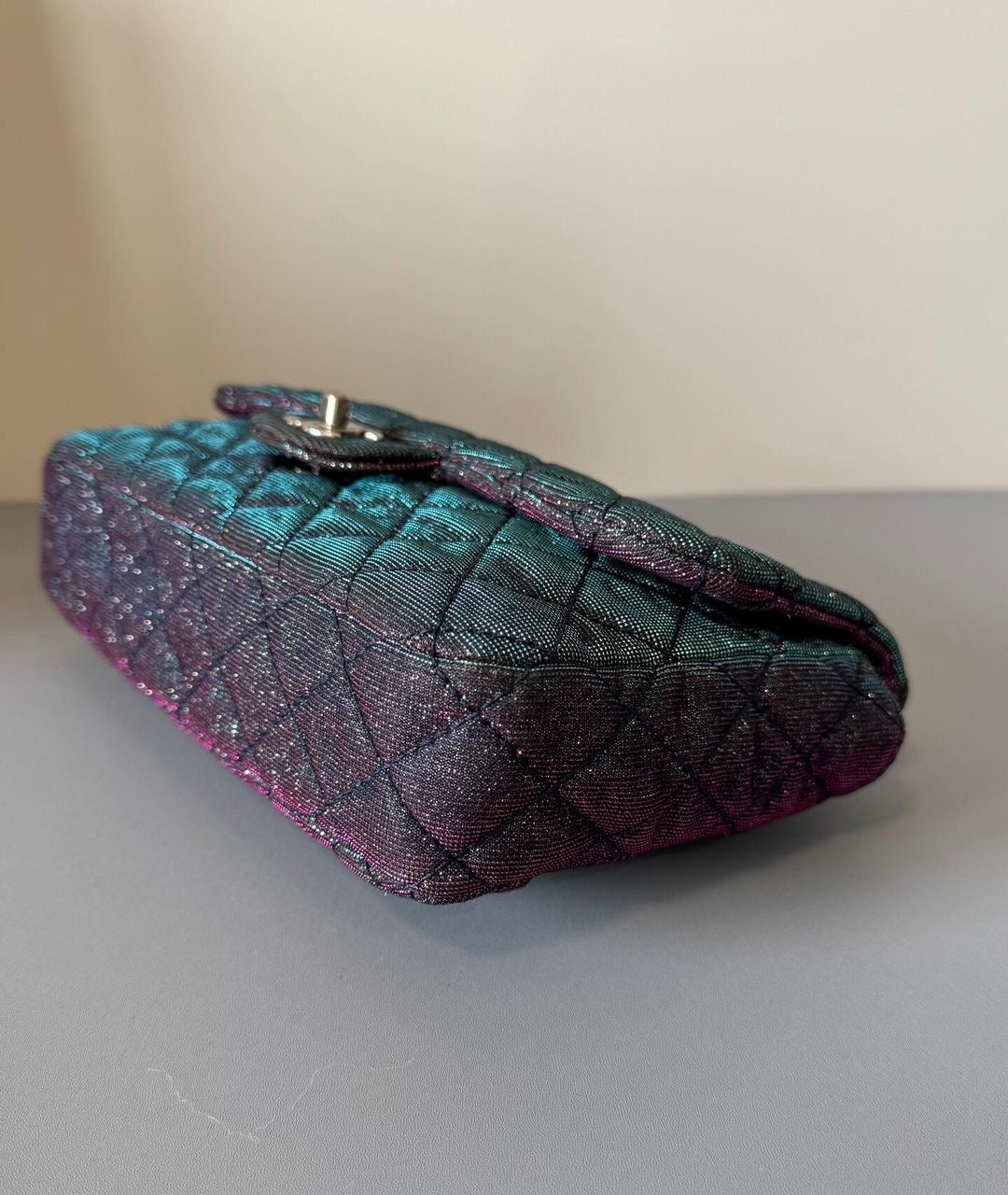 Chanel glitter fabric iridescent medium flap bag