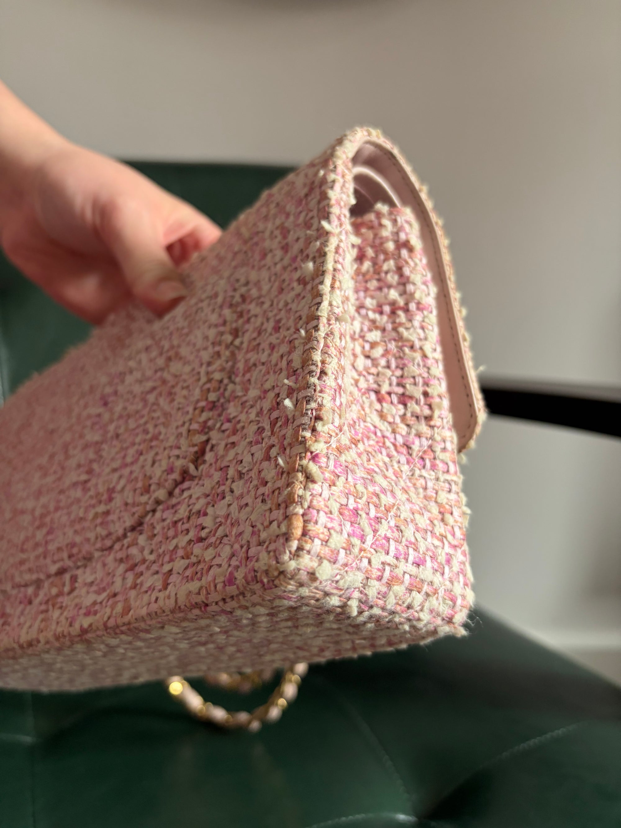 Chanel Vintage Pink and White Tweed Medium Classic Flap with 24ct Gold Hardware