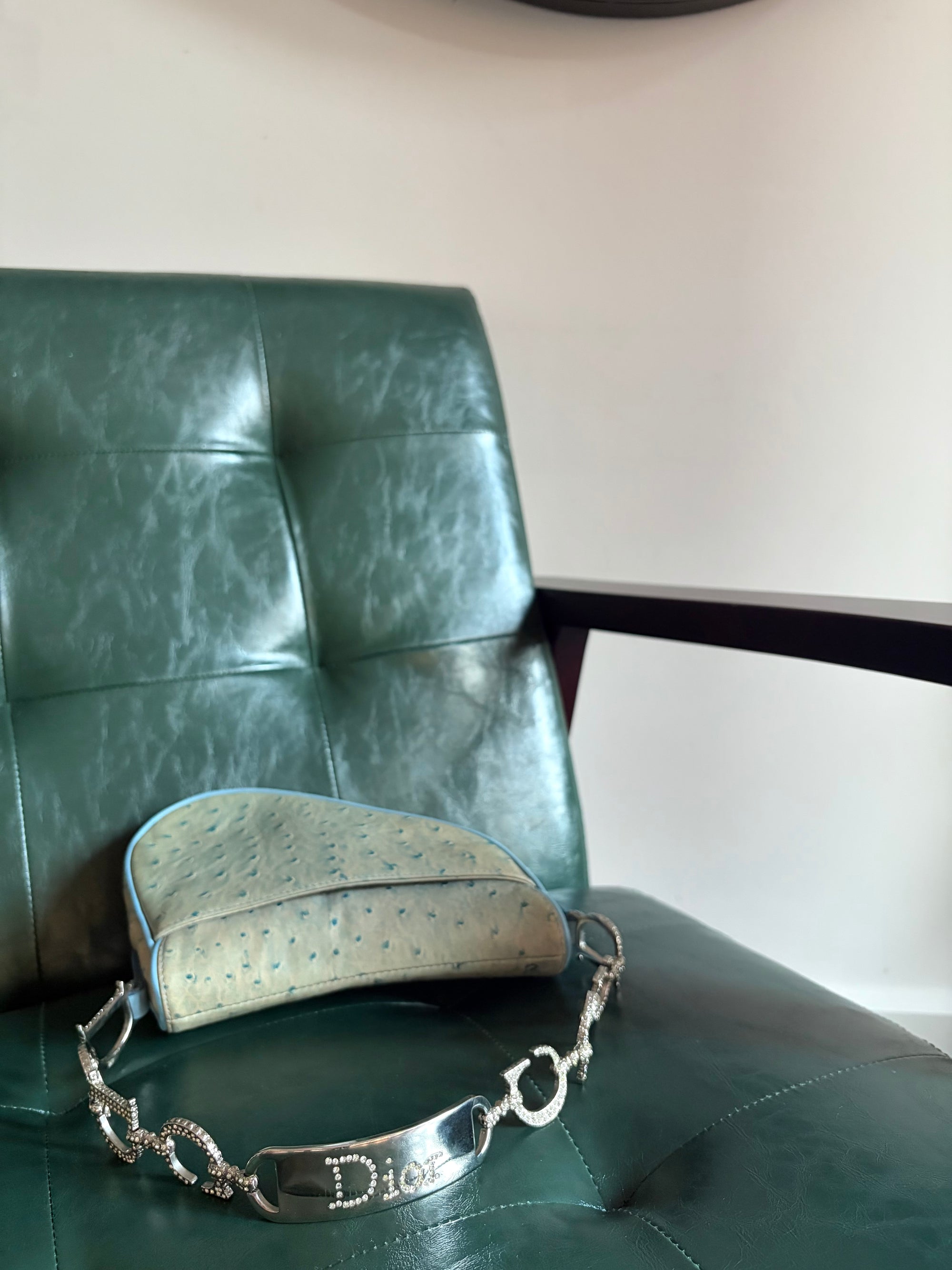 Rare! Vintage Dior blue ostrich embossed leather mini saddle bag with rhinestone strap