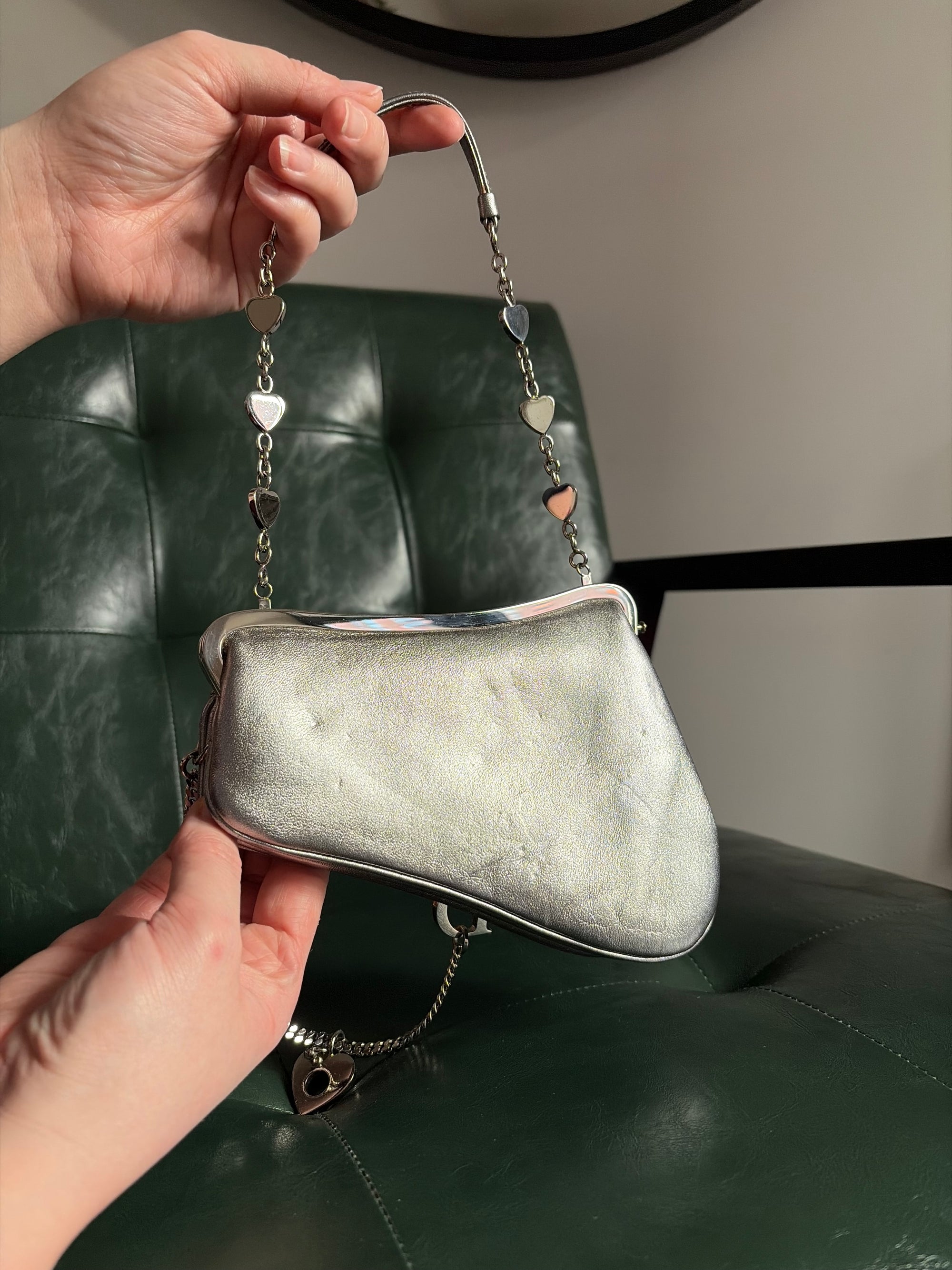 Ultra rare! Dior Silver Vintage Heart Chain Mini Saddle Bag