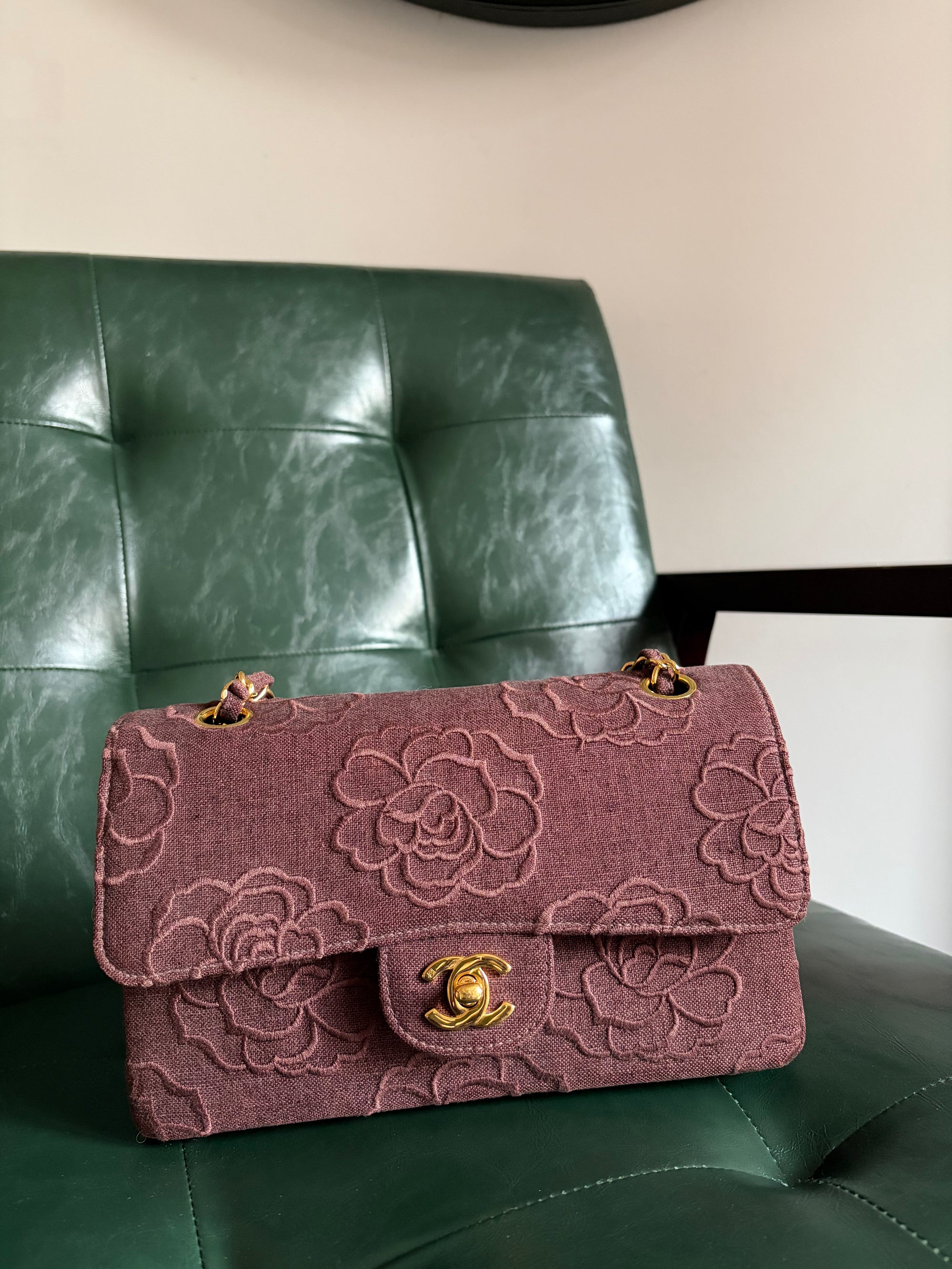 Ultra rare! Vintage Chanel Burgundy Linen Camellia Small Double Flap Bag