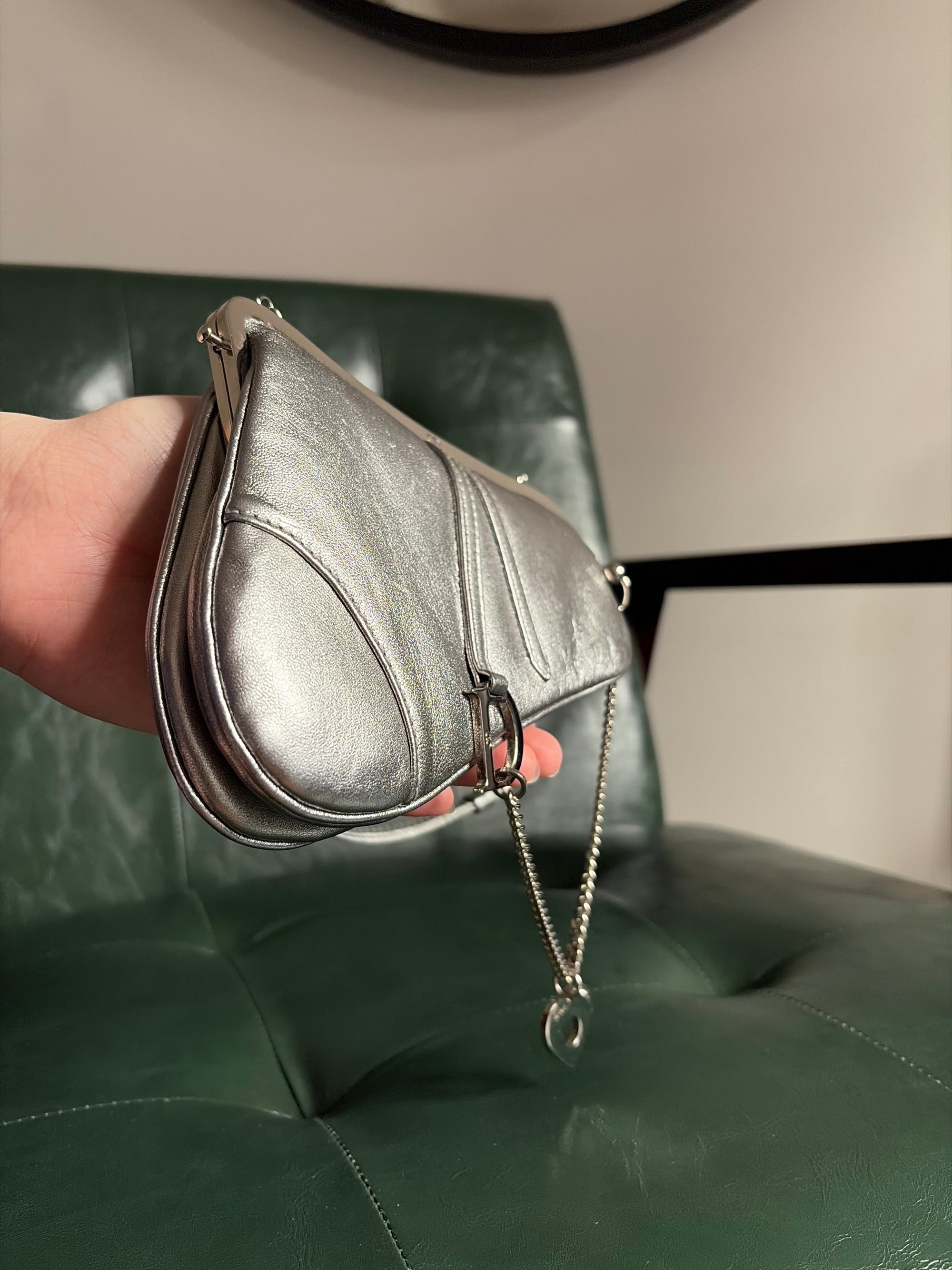 Ultra rare! Dior Silver Vintage Heart Chain Mini Saddle Bag