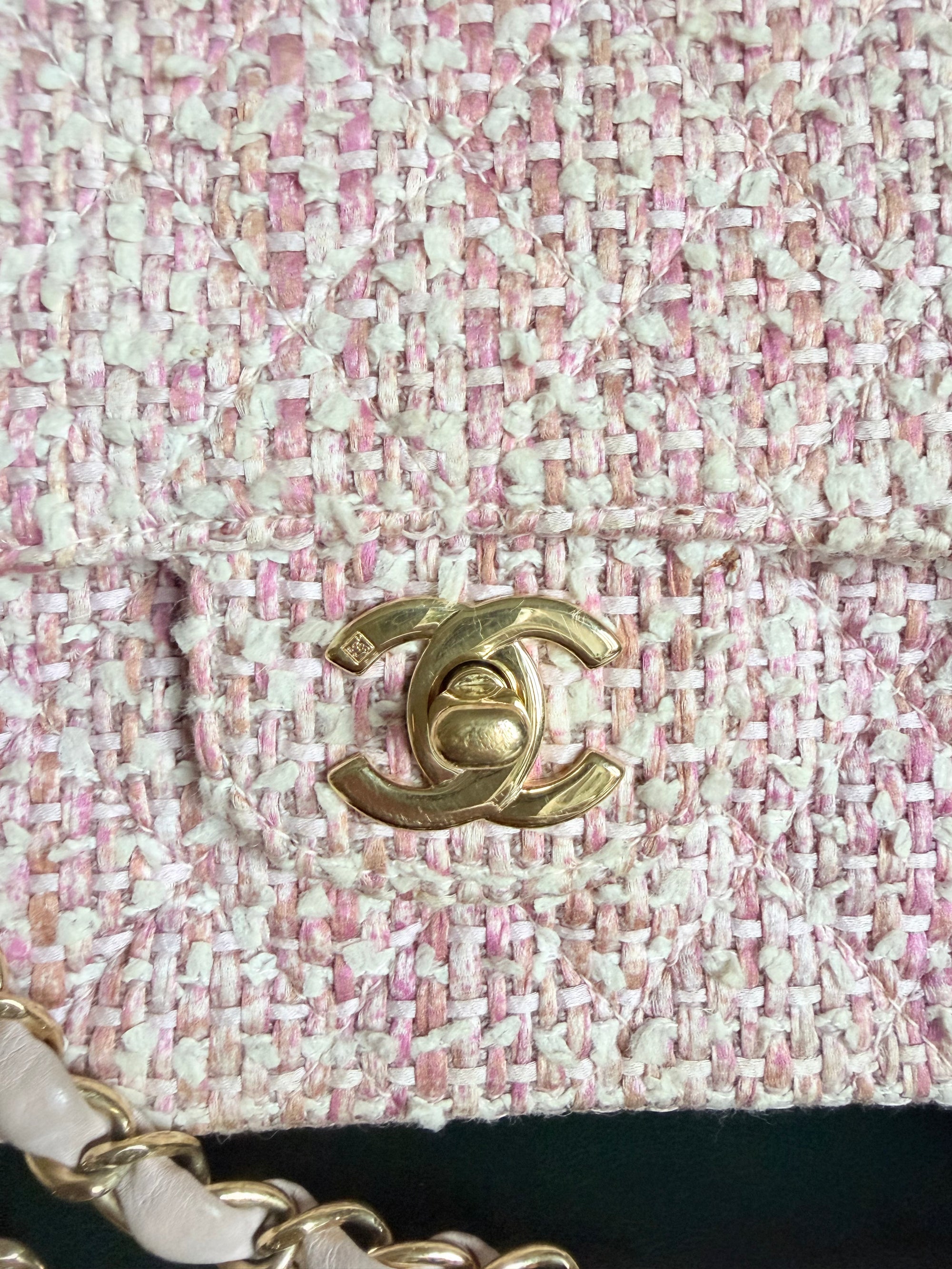 Chanel Vintage Pink and White Tweed Medium Classic Flap with 24ct Gold Hardware