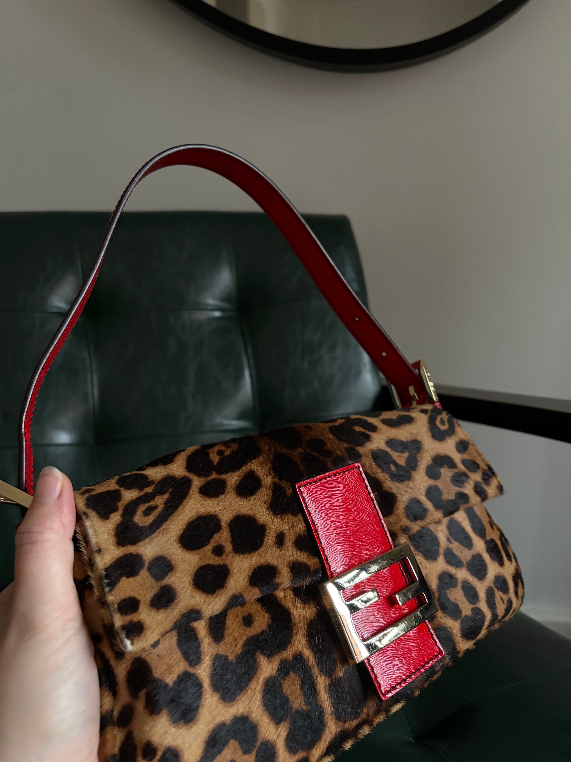 Rare! Vintage Fendi leopard print pony hair baguette bag with red leather trim