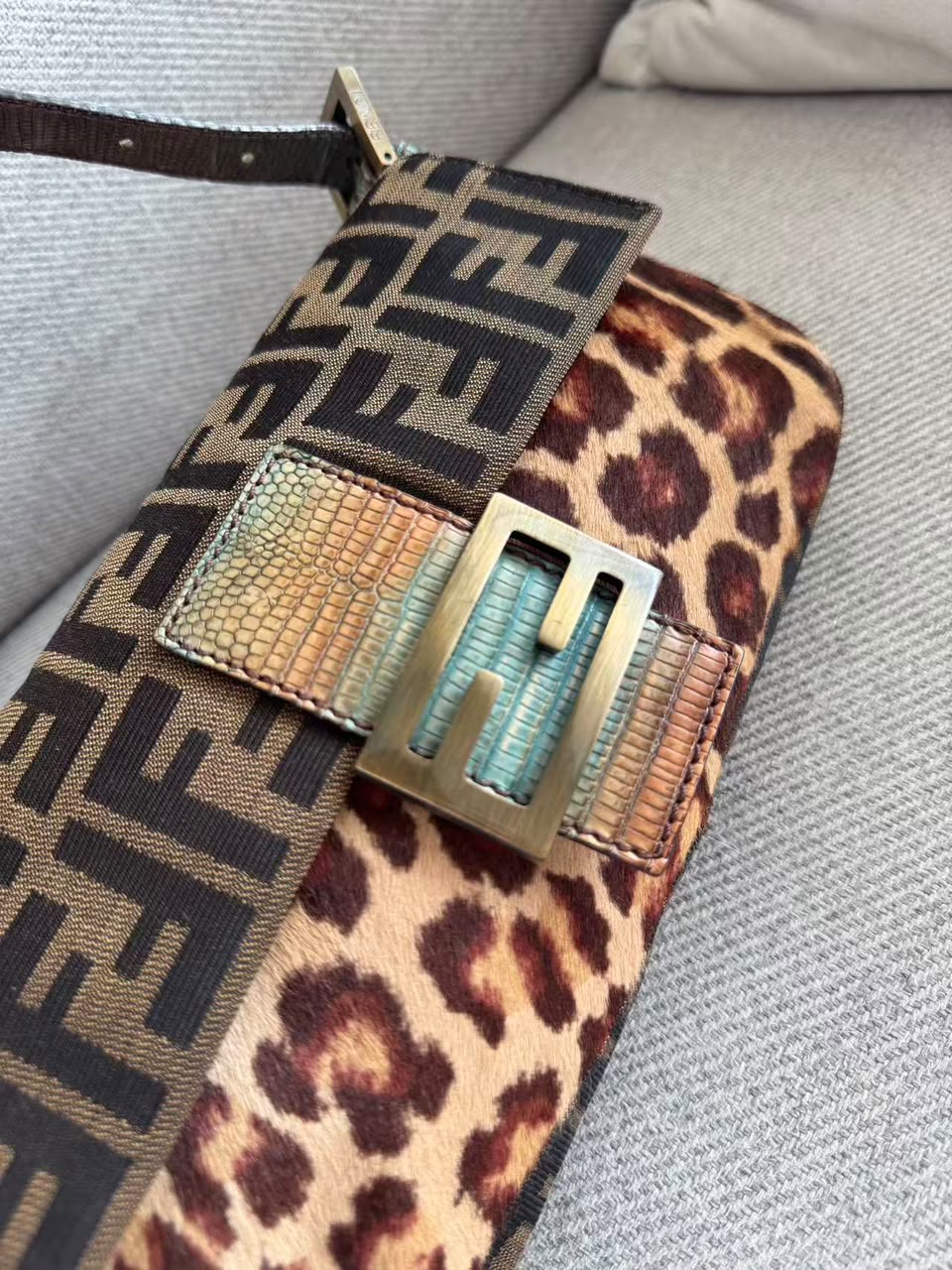 Fendi leopard pony hair lizard trim baguette