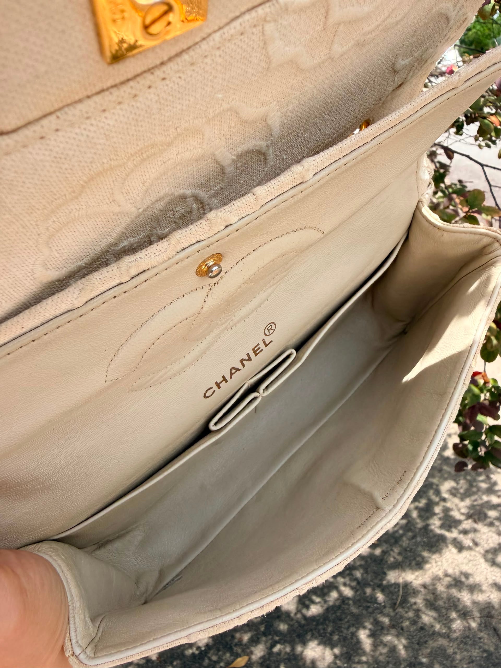 Rare! Vintage Chanel Cream Linen Camellia Medium Double Flap Bag