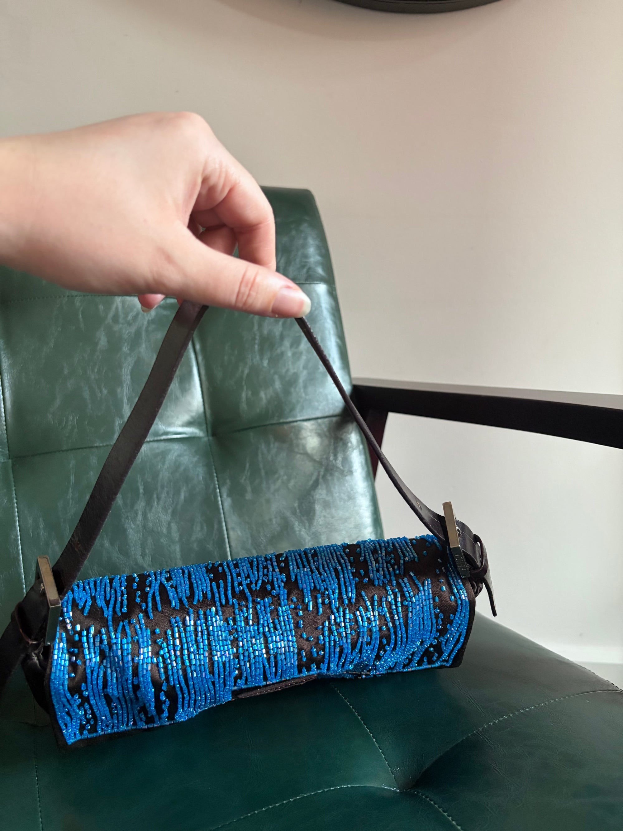 Fendi Dark Brown Satin and Blue Iridescent Beaded Baguette