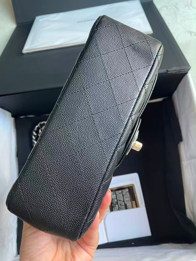 Chanel black caviar mini rectangular flap bag with silver hardware