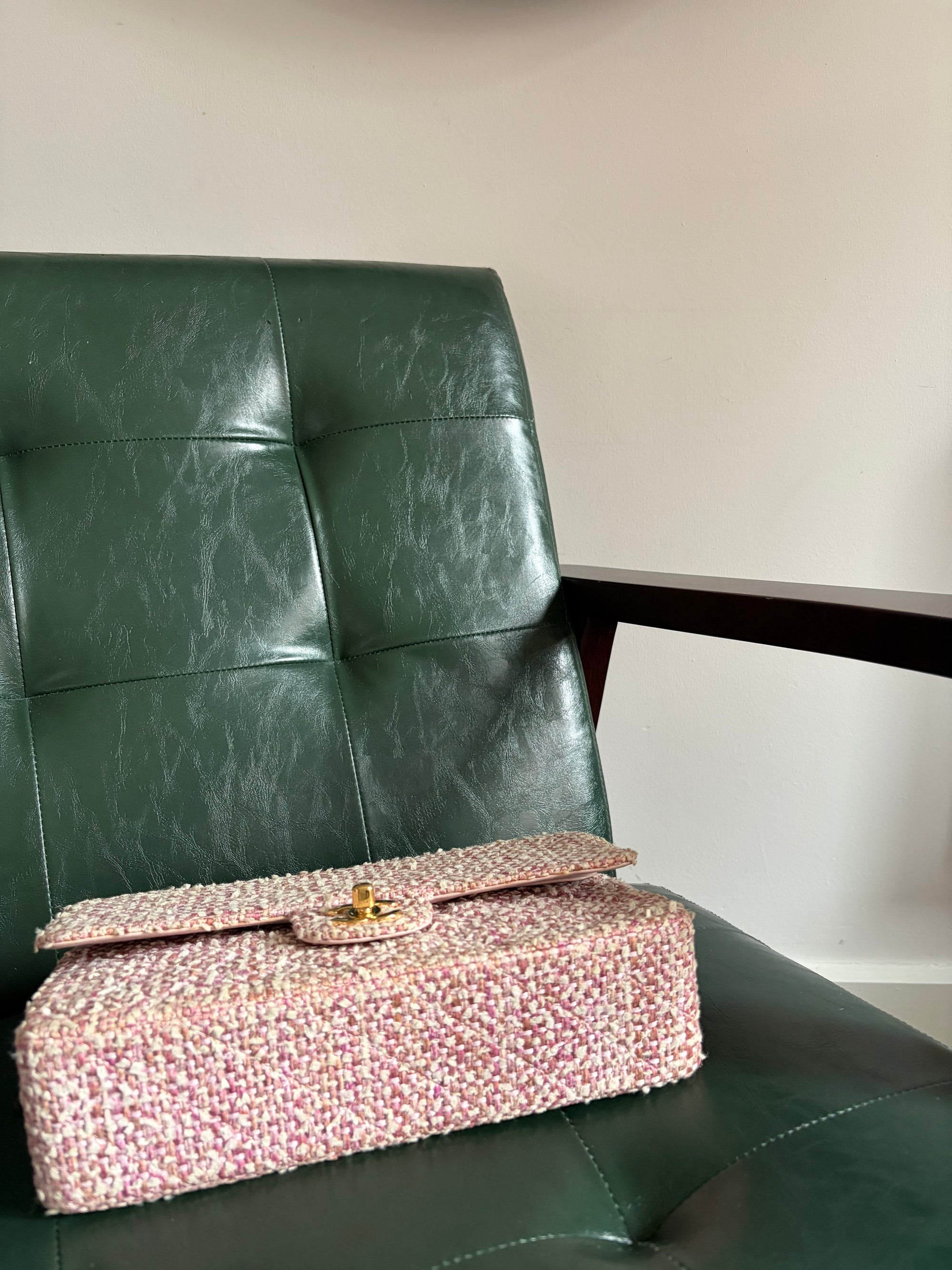 Chanel Vintage Pink and White Tweed Medium Classic Flap with 24ct Gold Hardware