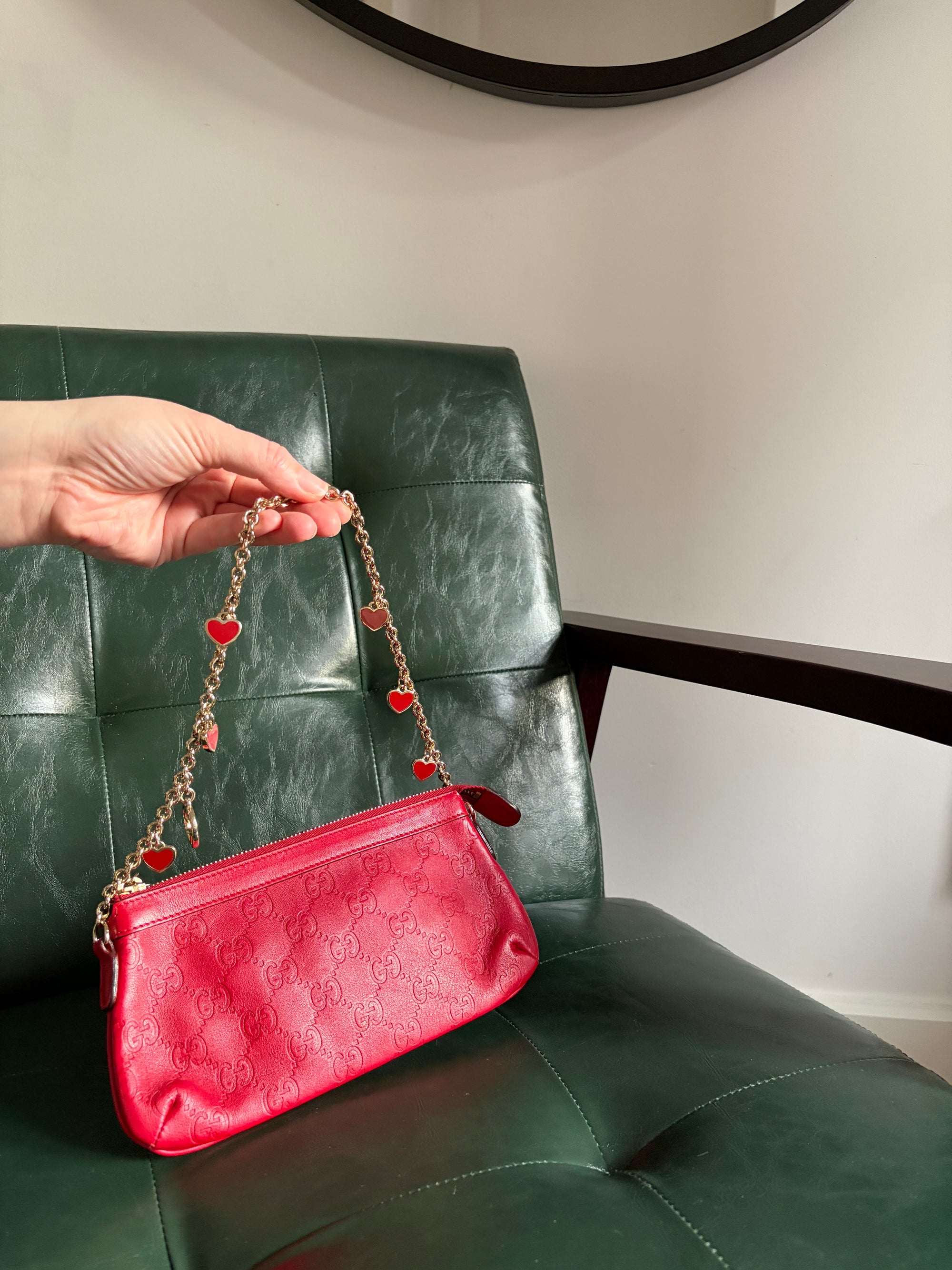 Gucci red vintage Guccisima heart chain pochette bag