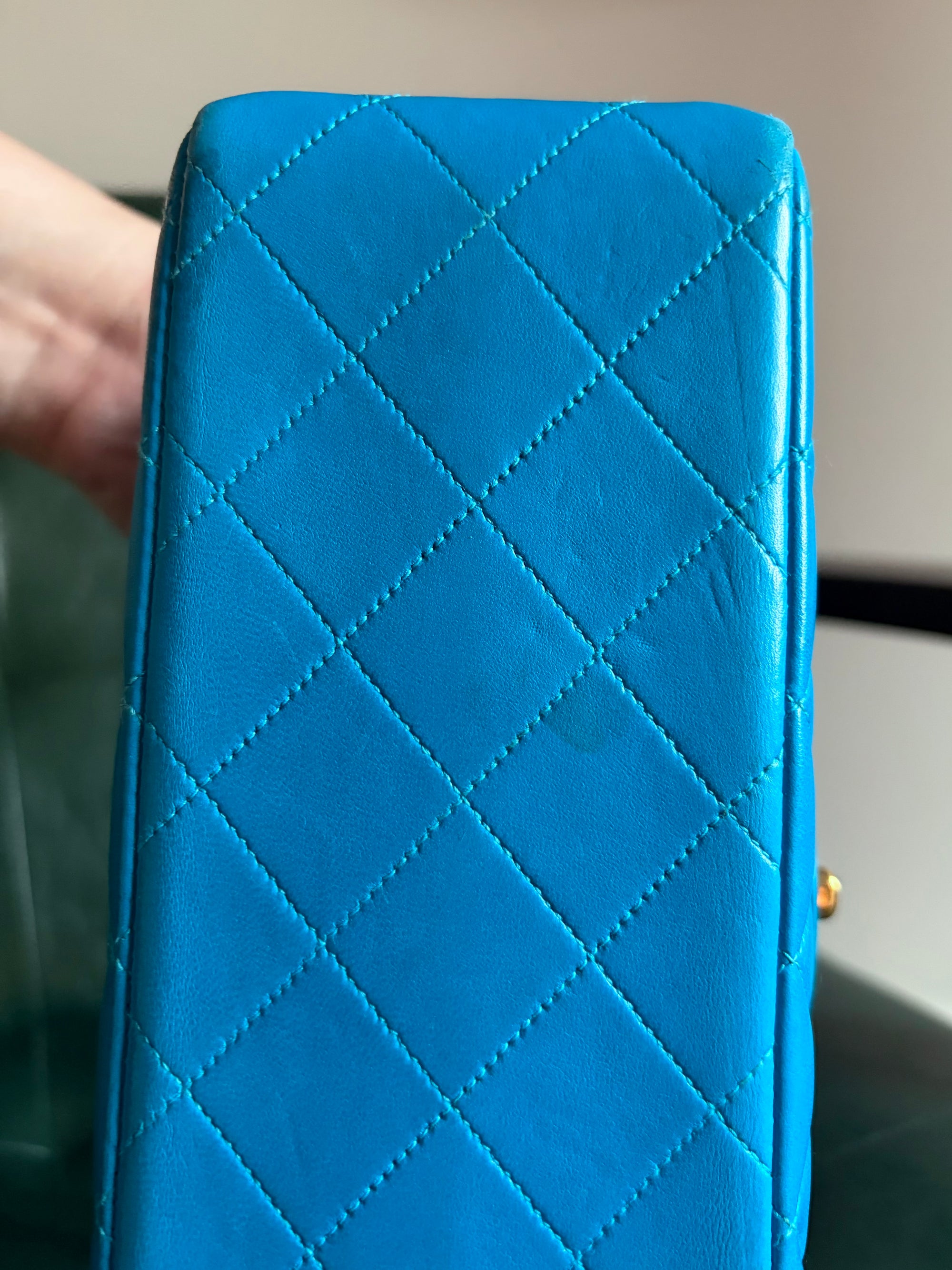 Rare! Vintage Chanel cerulean blue lambskin double sided flap bag with 24ct gold plated hardware