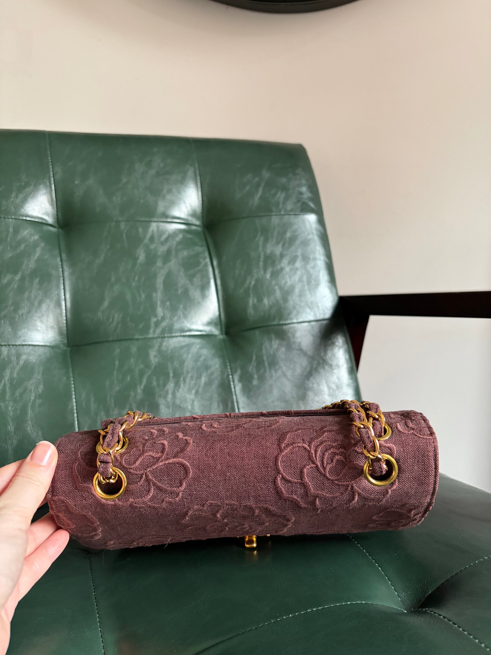 Ultra rare! Vintage Chanel Burgundy Linen Camellia Small Double Flap Bag