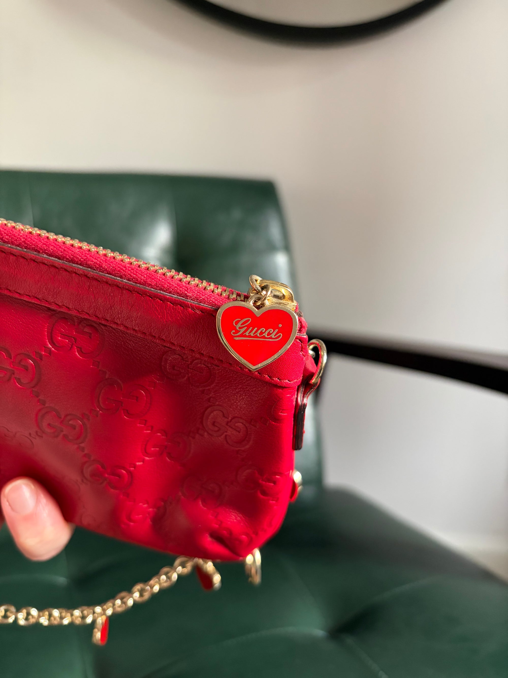 Gucci red vintage Guccisima heart chain pochette bag