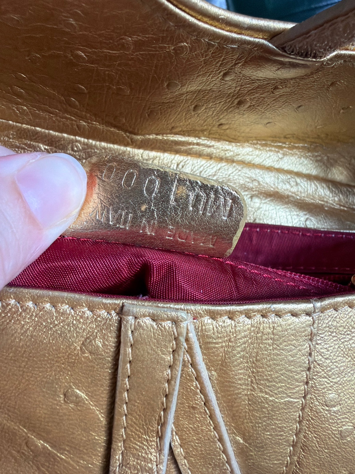 Rare! Vintage Dior gold ostrich embossed leather mini saddle bag