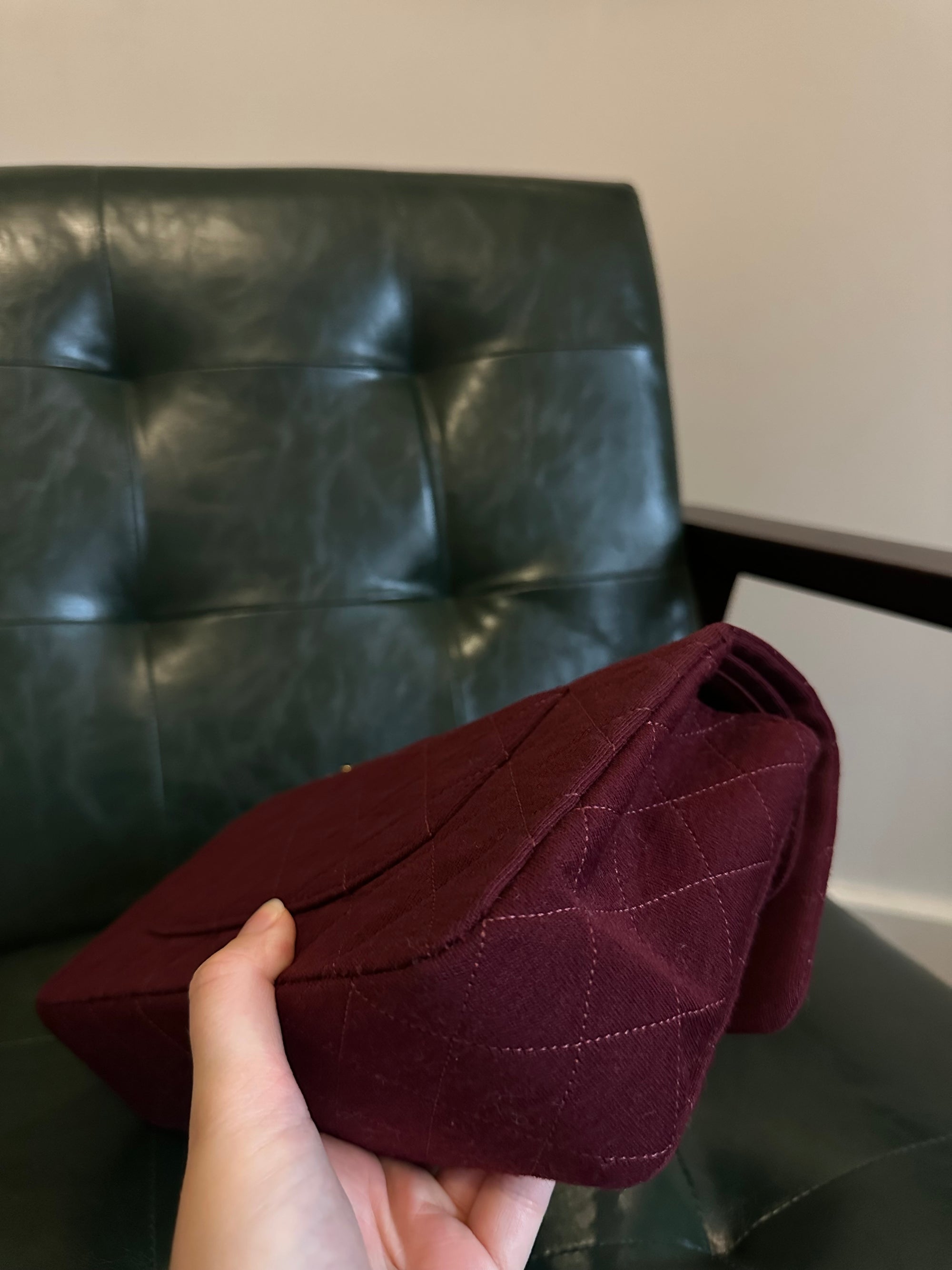 Rare! Chanel medium burgundy jersey double flap bag