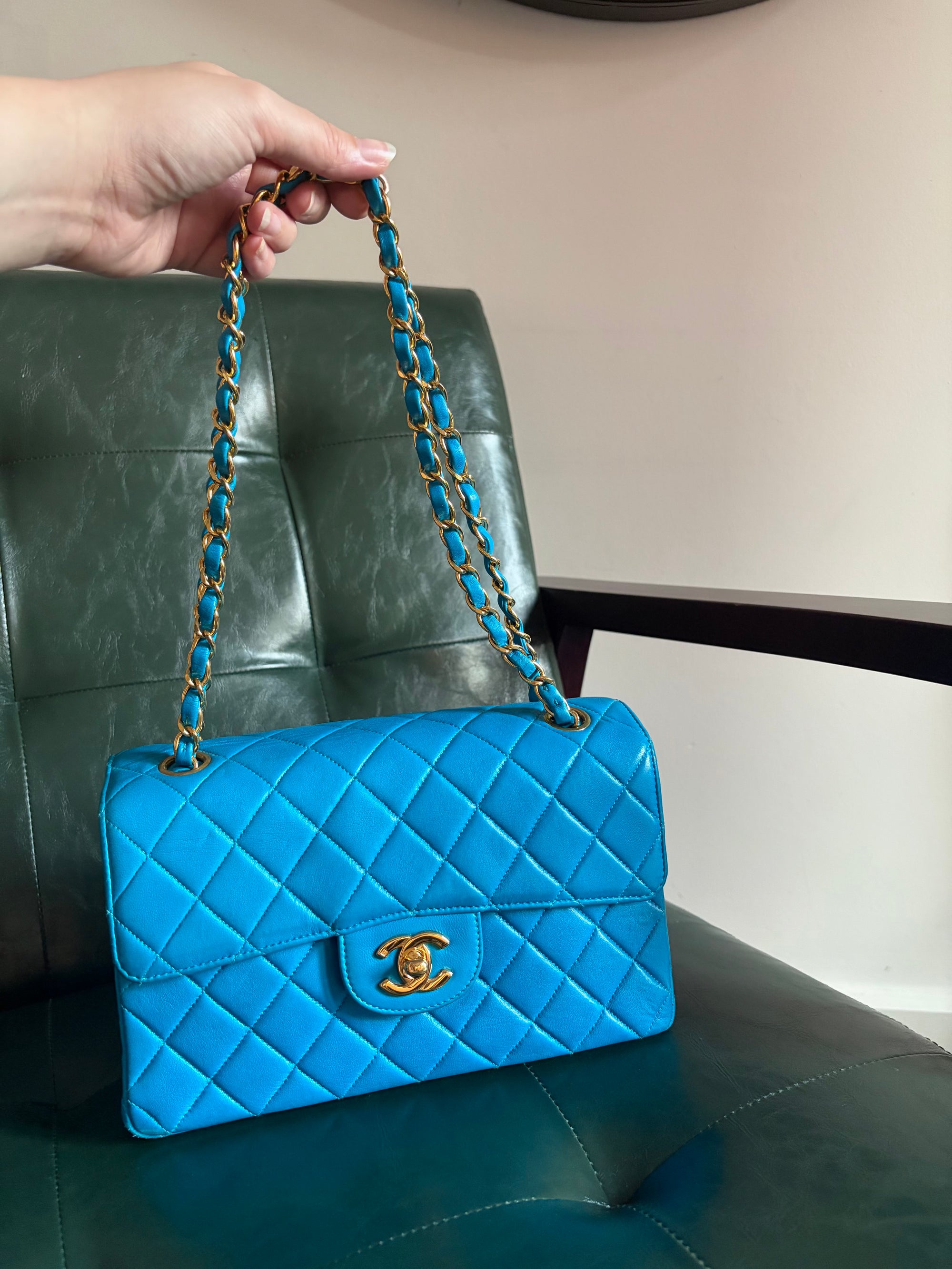 Rare! Vintage Chanel cerulean blue lambskin double sided flap bag with 24ct gold plated hardware