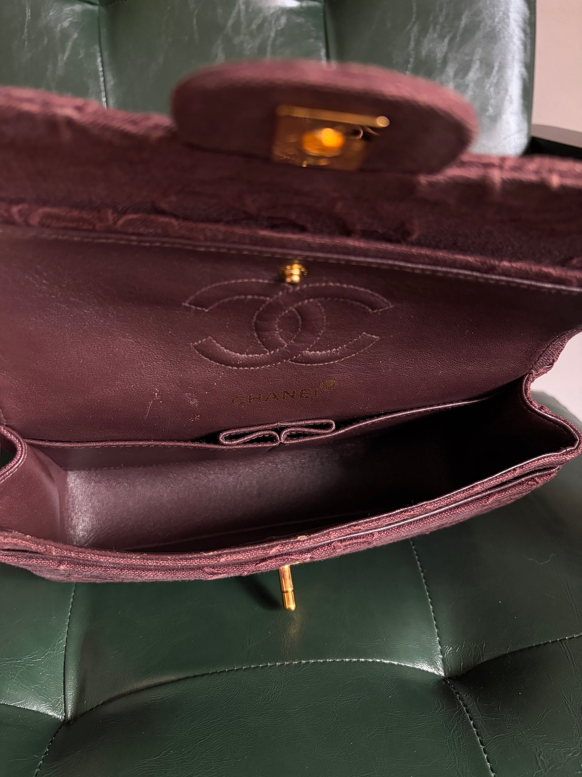 Ultra rare! Vintage Chanel Burgundy Linen Camellia Small Double Flap Bag