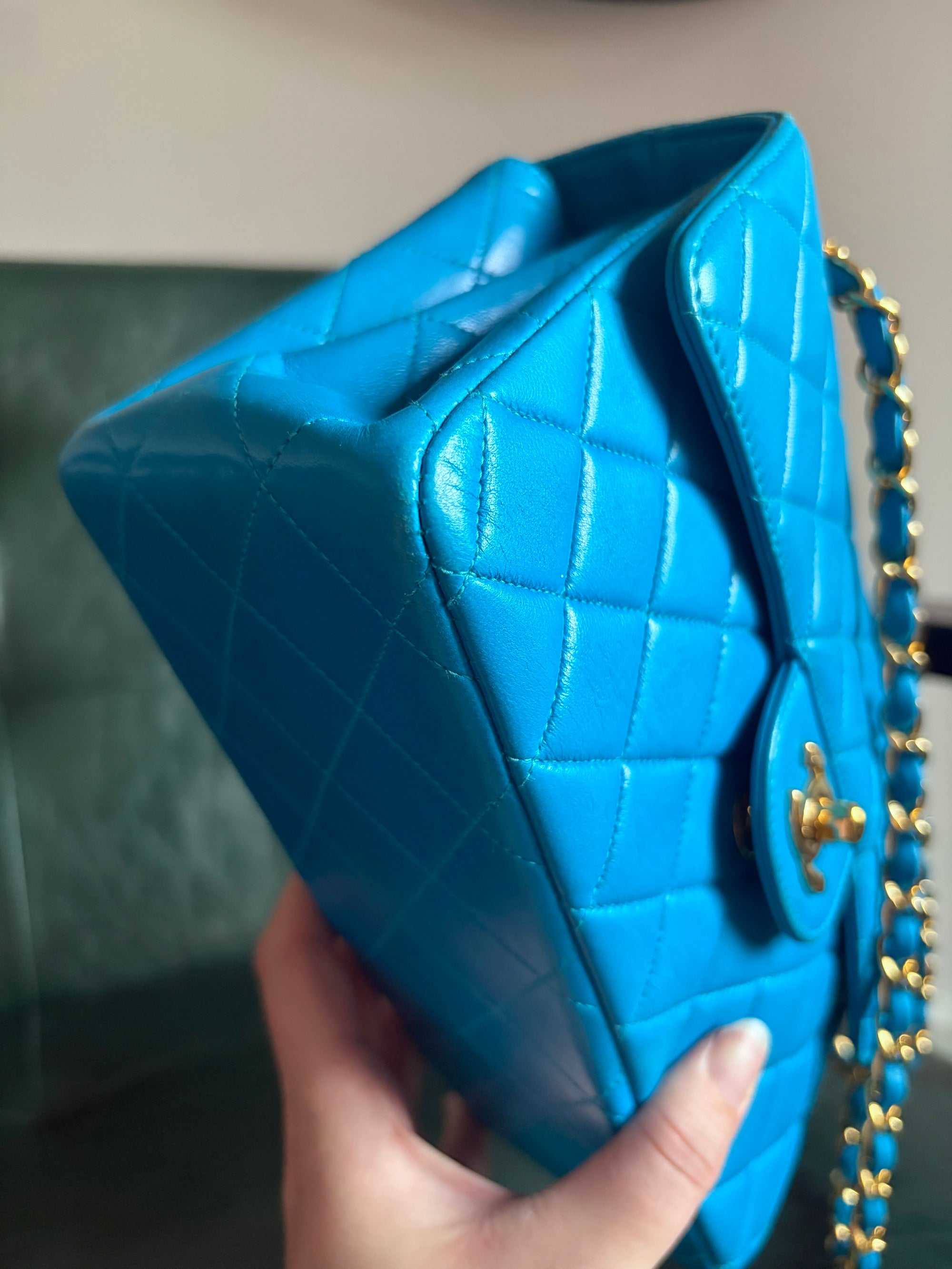 Rare! Vintage Chanel cerulean blue lambskin double sided flap bag with 24ct gold plated hardware