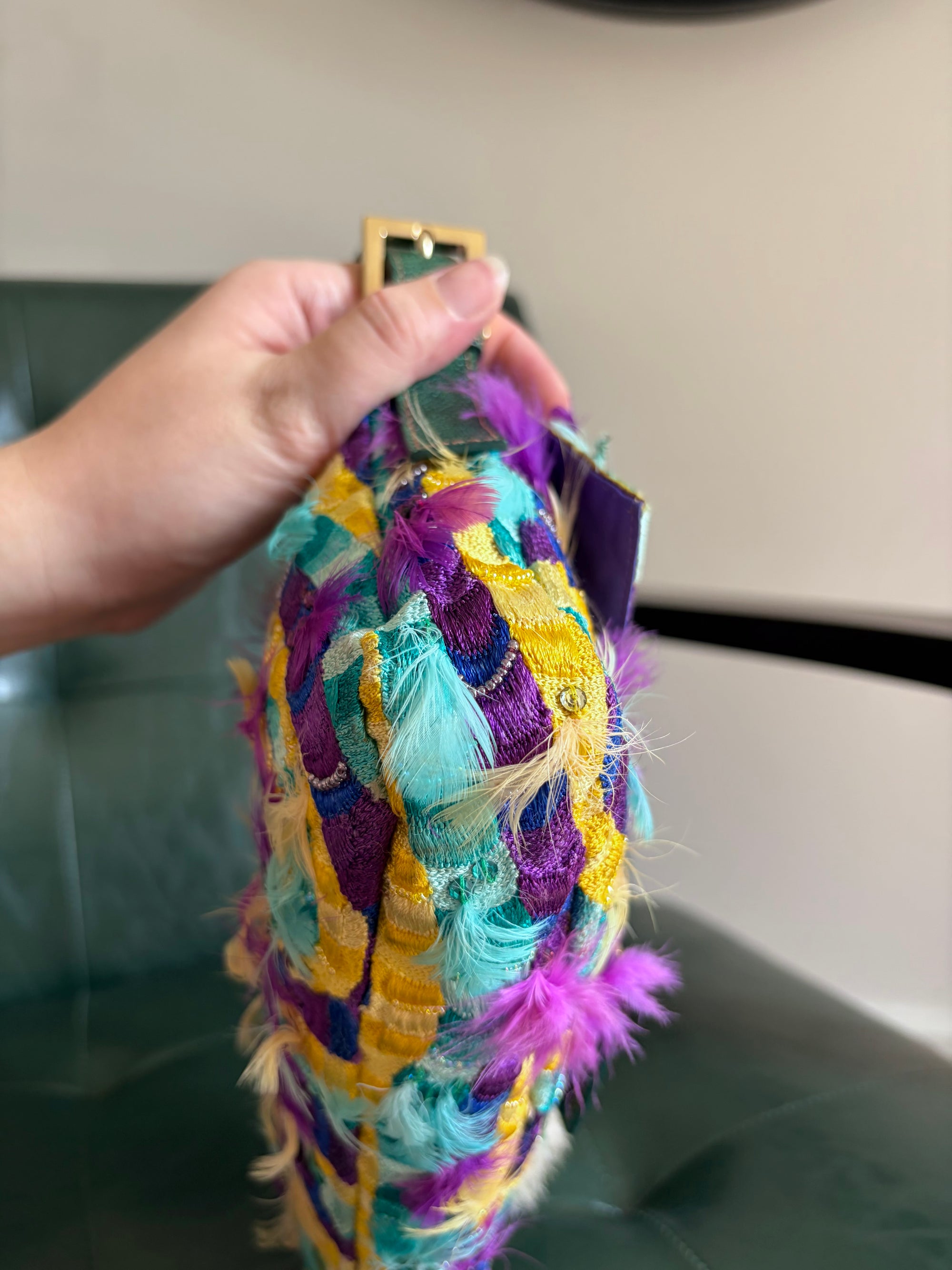 Ultra rare! Fendi ‘Willy Wonka’ embroidered fabric swirl and feather baguette bag