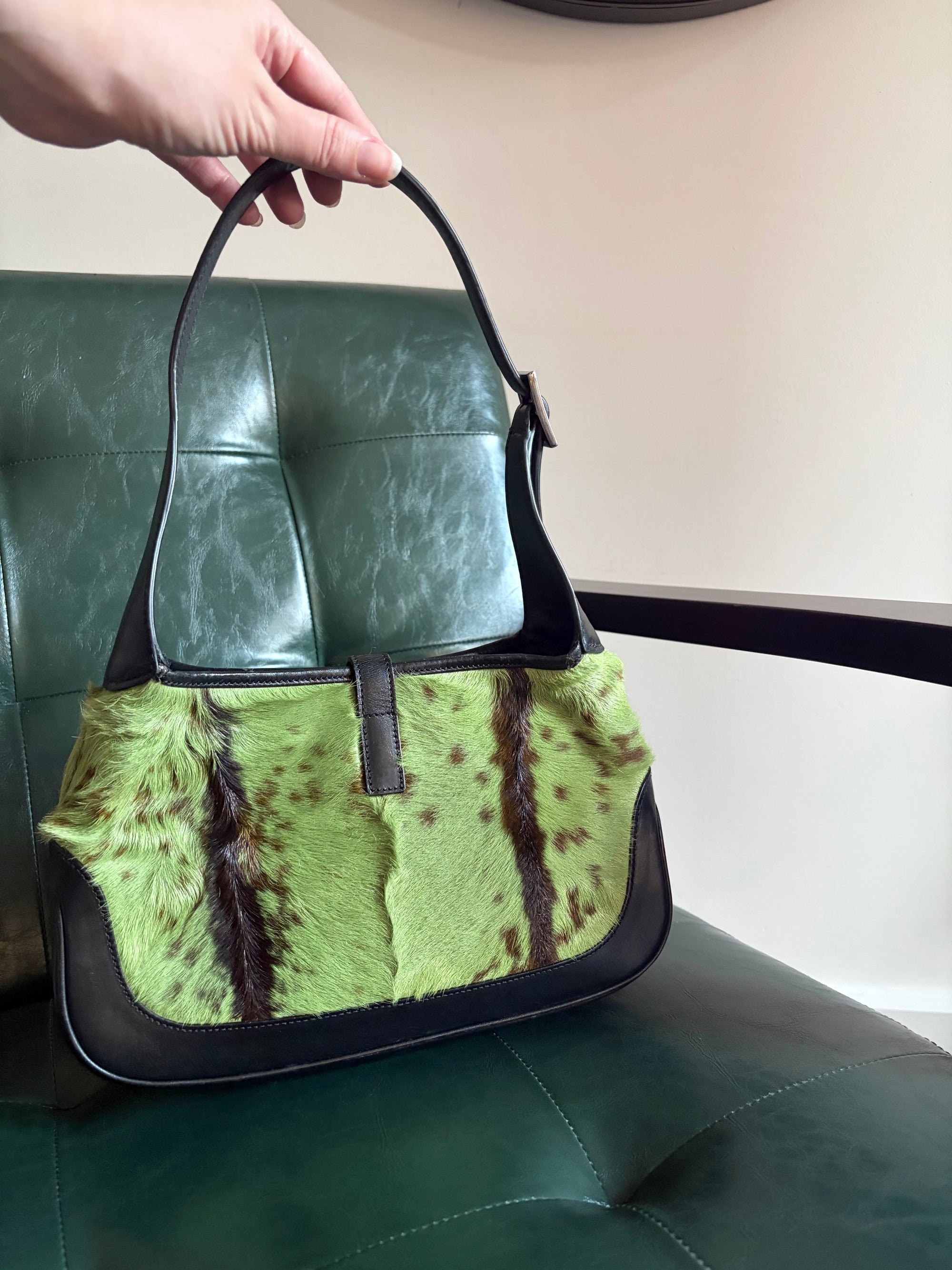 Vintage Gucci Jackie Shoulder Bag in Green and Brown Goat Hair