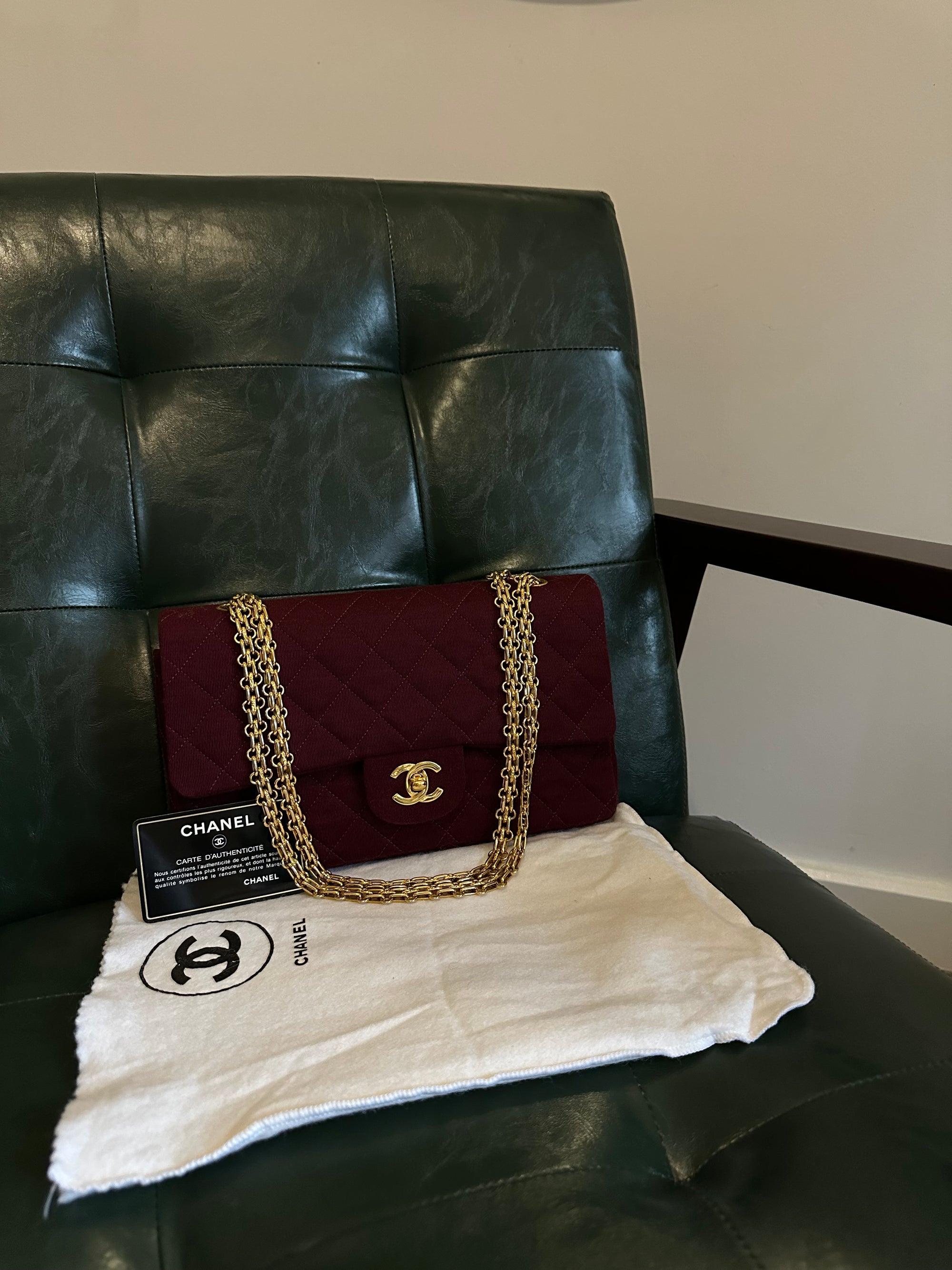 Rare! Chanel medium burgundy jersey double flap bag