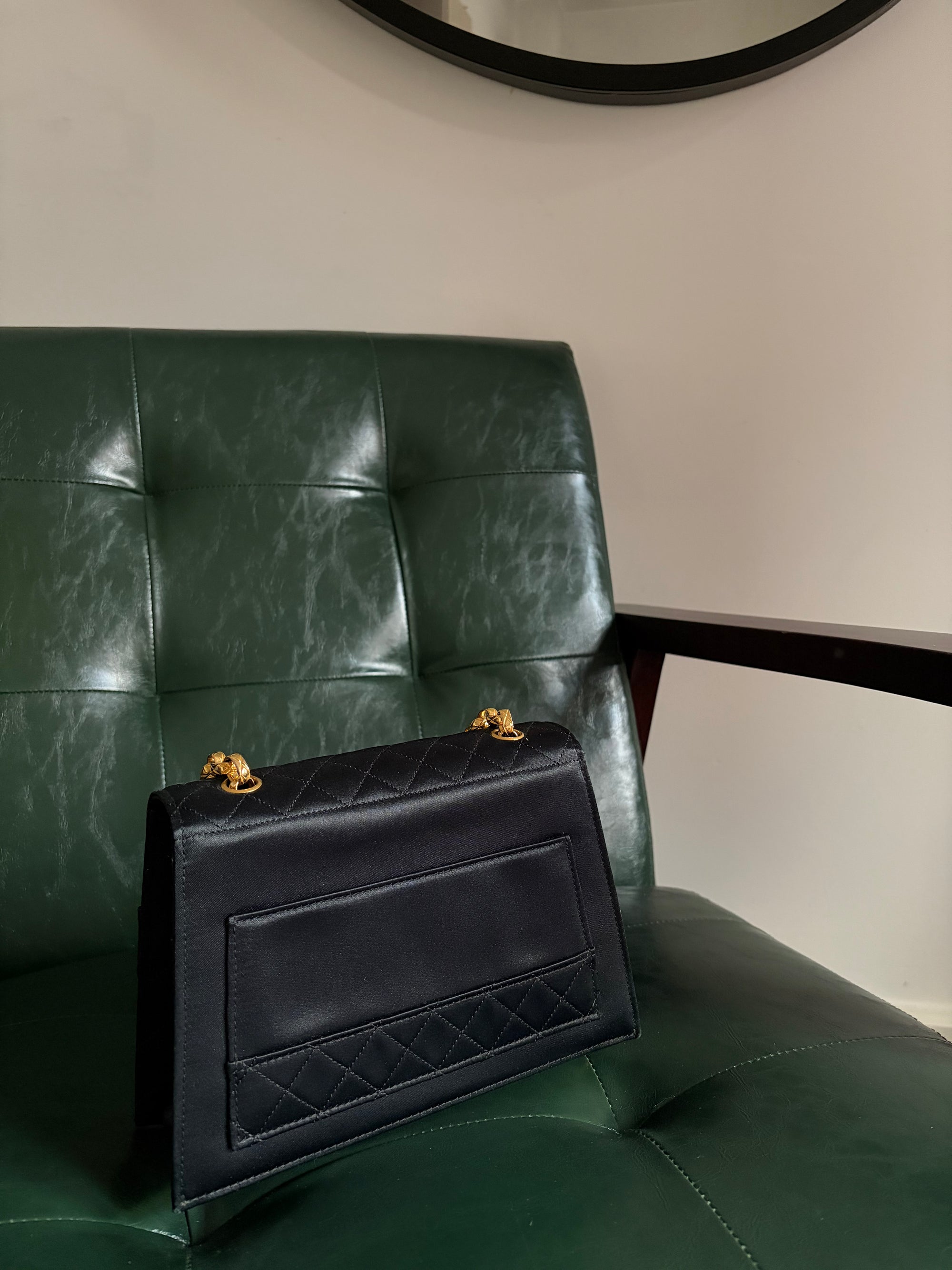 Rare! Chanel trapezoid black satin bag with 24ct gold bijoux chain