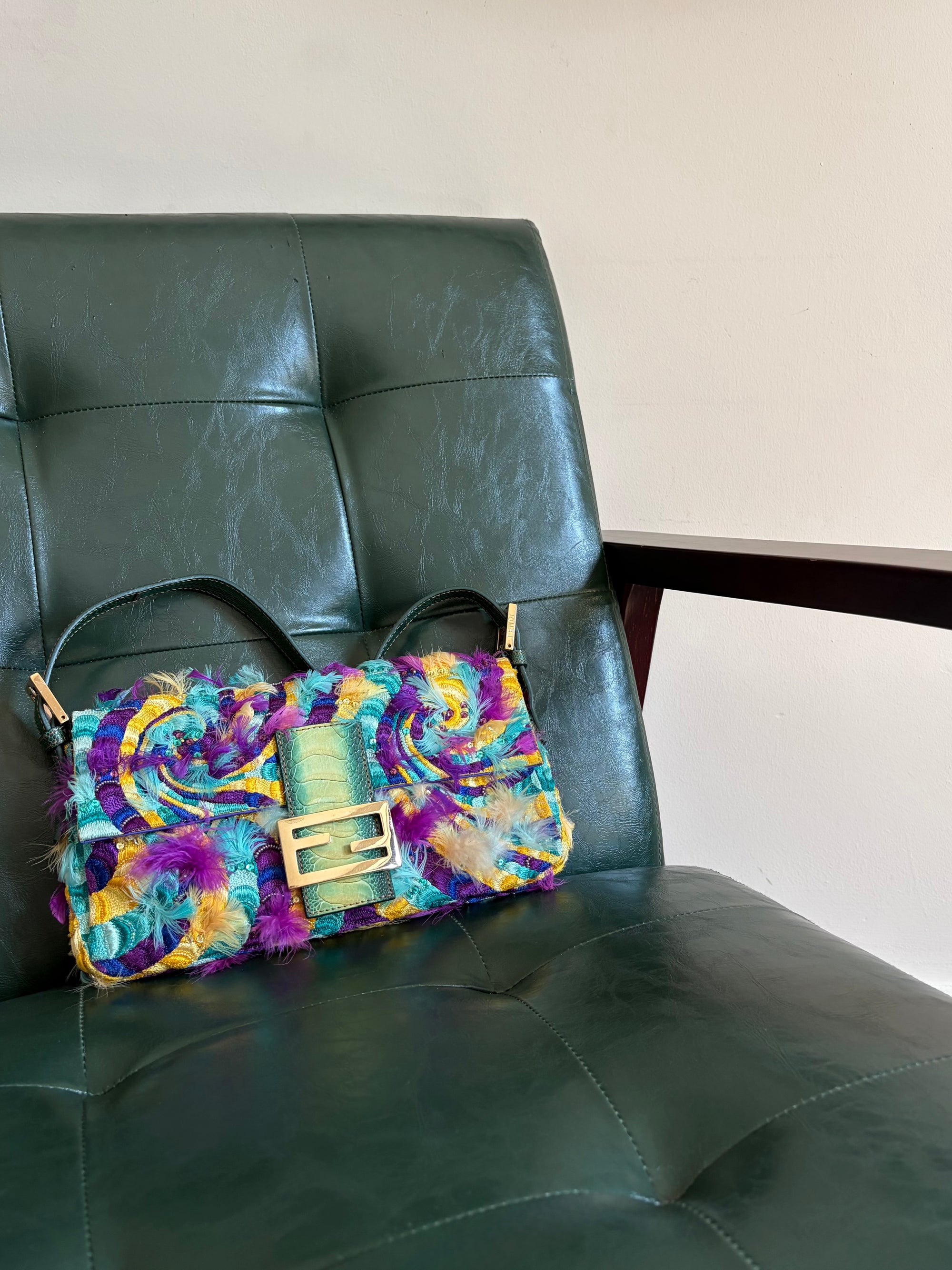 Ultra rare! Fendi ‘Willy Wonka’ embroidered fabric swirl and feather baguette bag