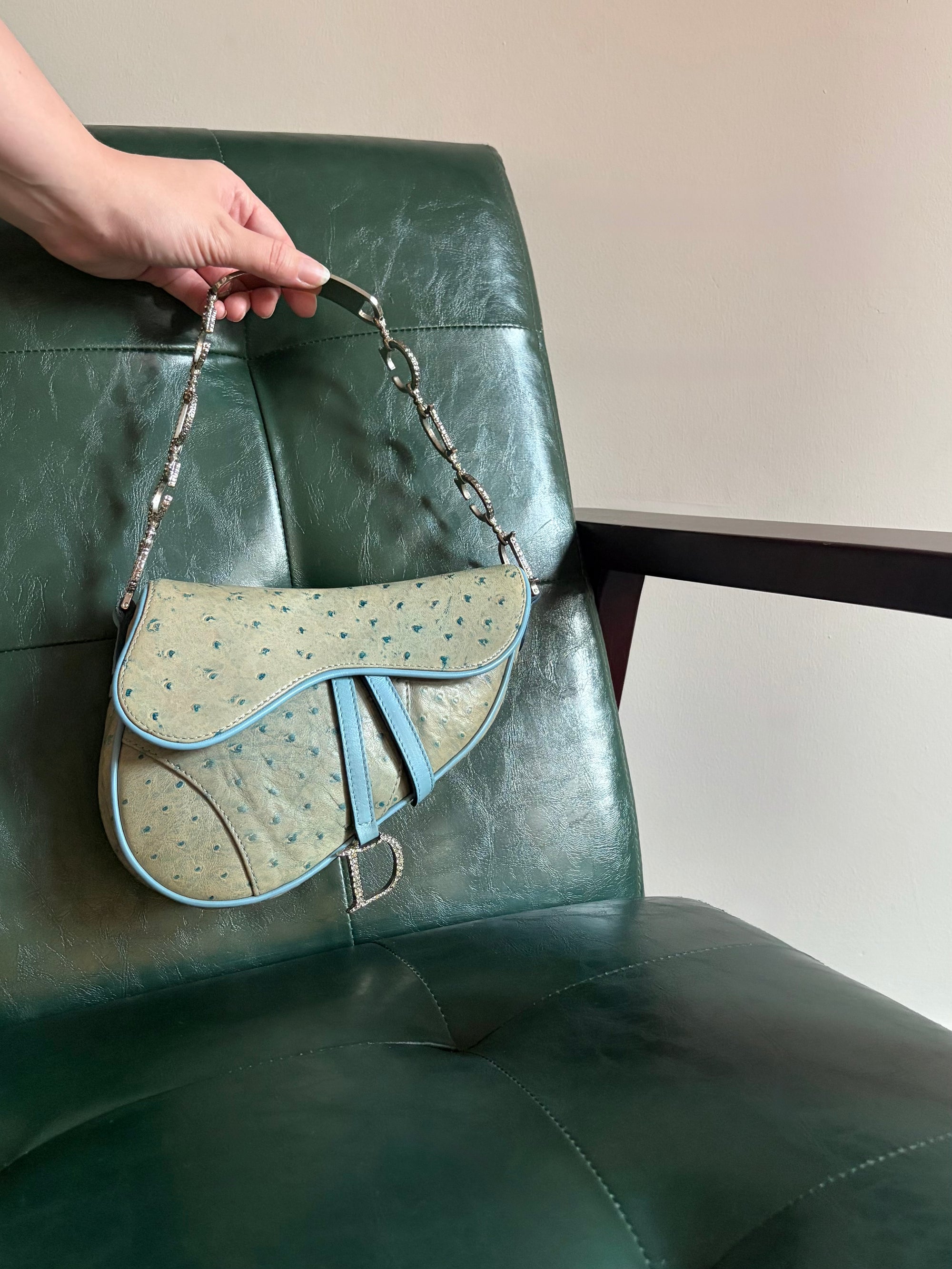 Rare! Vintage Dior blue ostrich embossed leather mini saddle bag with rhinestone strap