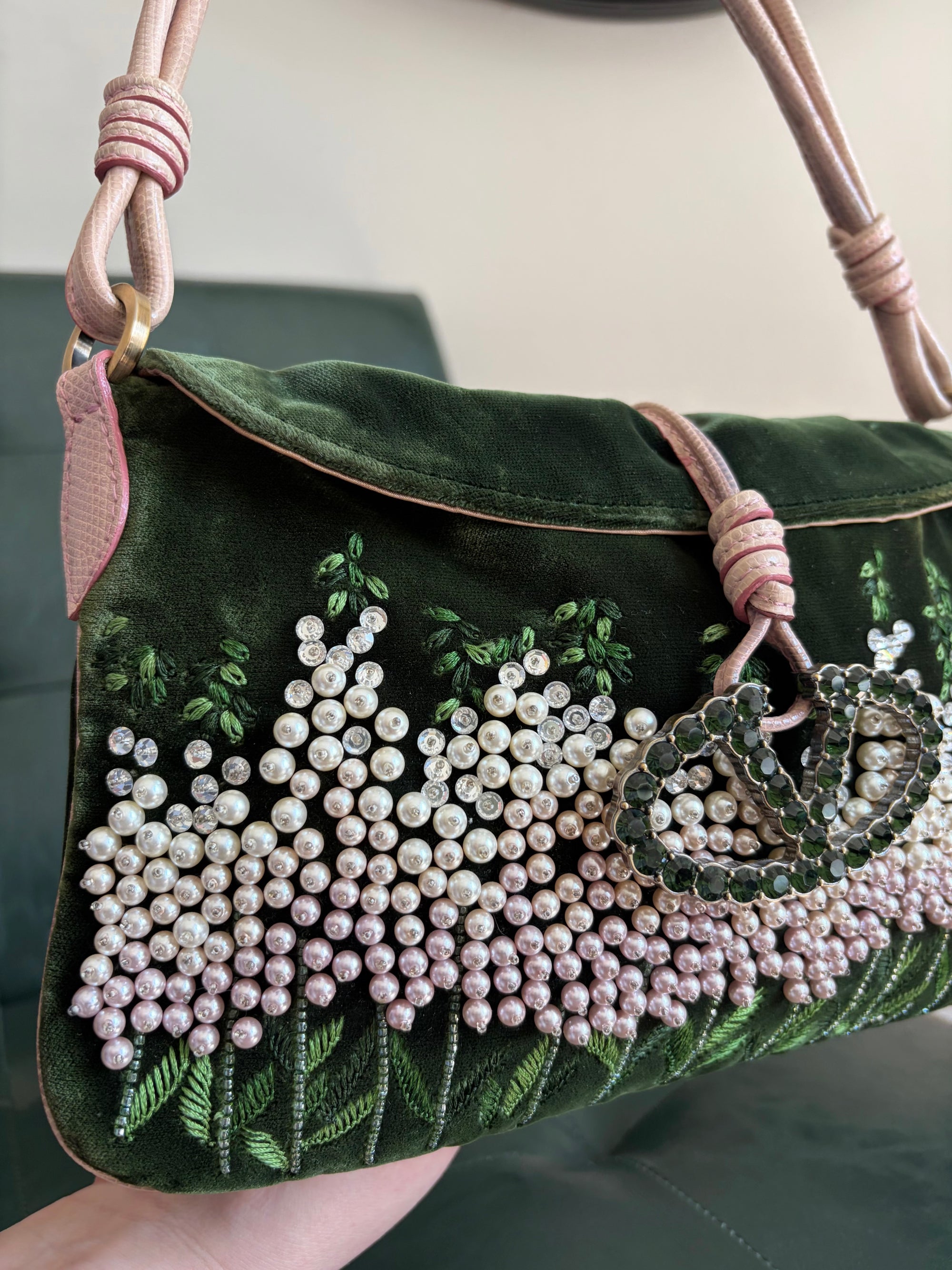 Valentino Garavani green velvet crystal embroidered shoulder bag