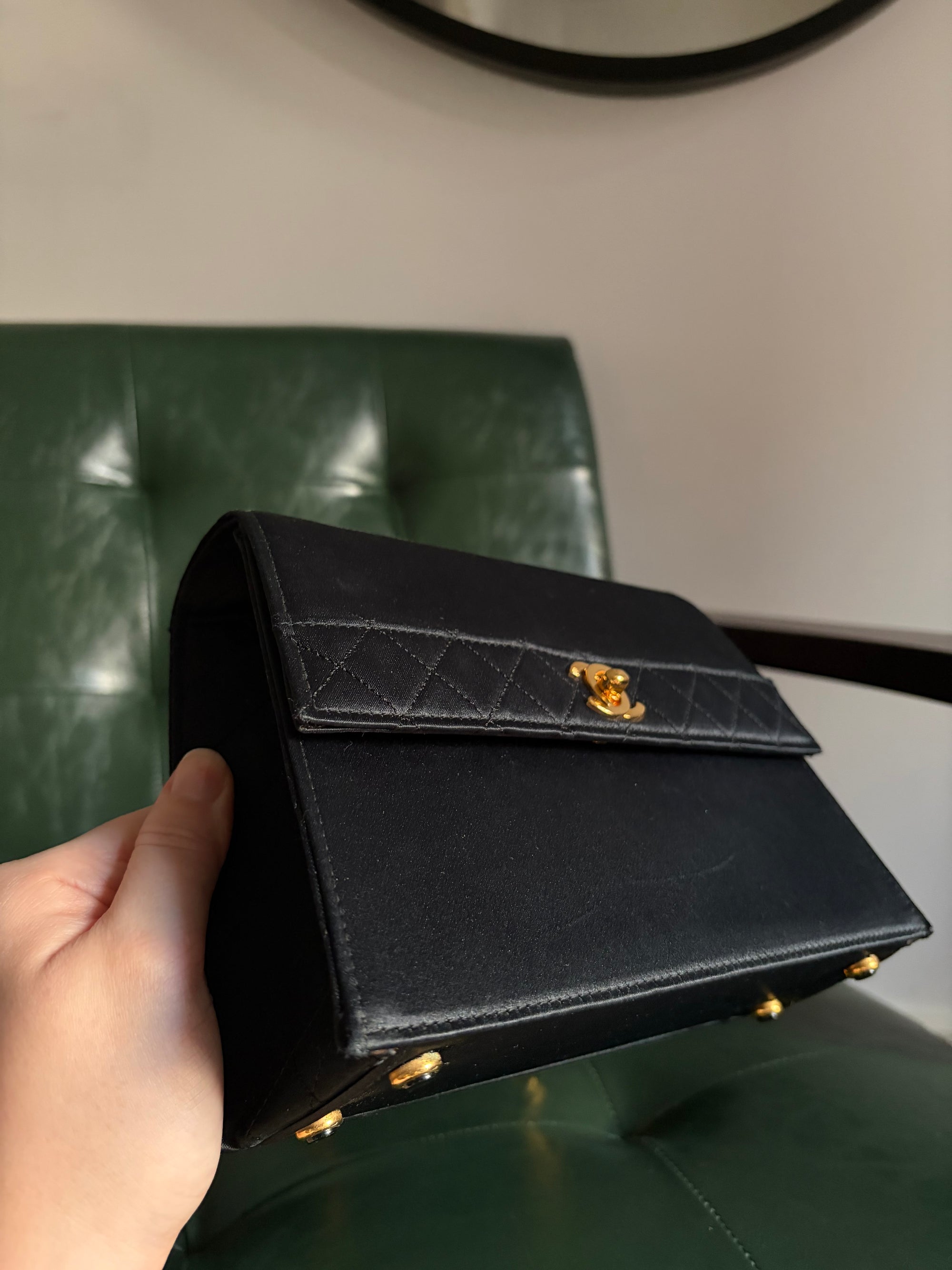 Rare! Chanel trapezoid black satin bag with 24ct gold bijoux chain
