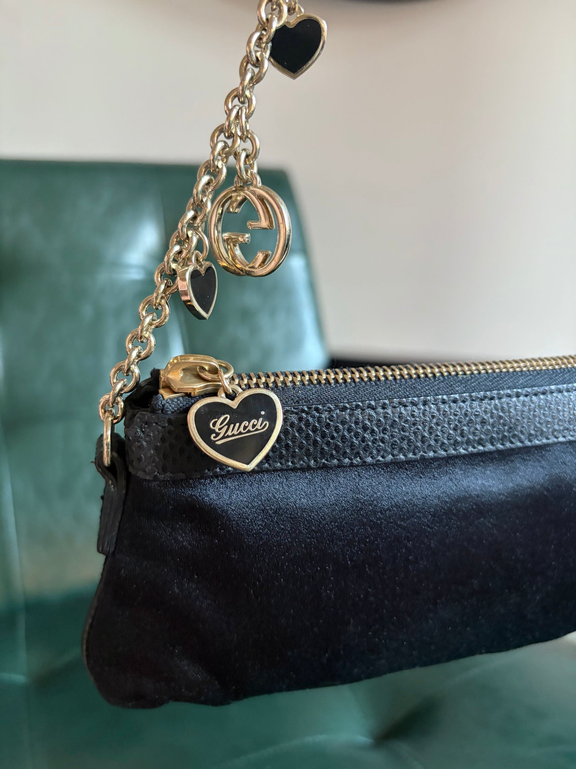 Gucci black satin heart chain pochette with exotic lizard trim