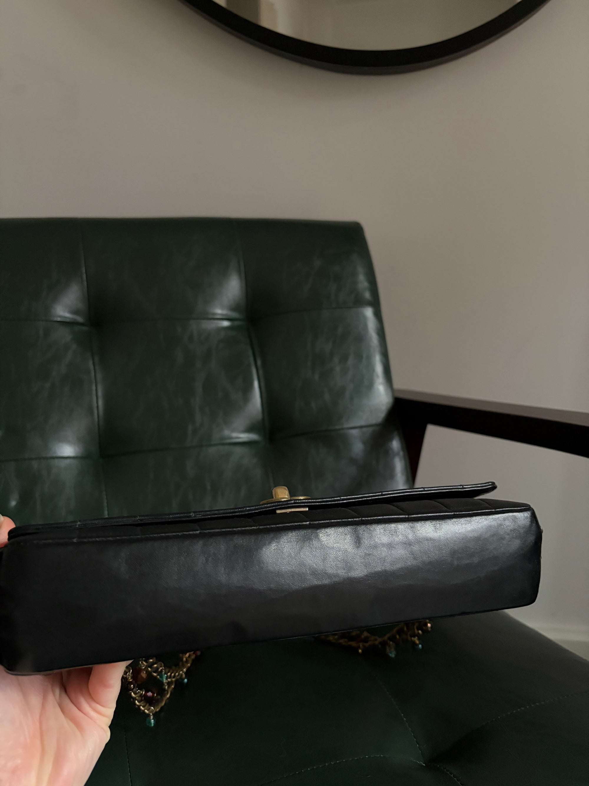 Rare! Chanel black lambskin chocolate bar east west bag with embellished chain