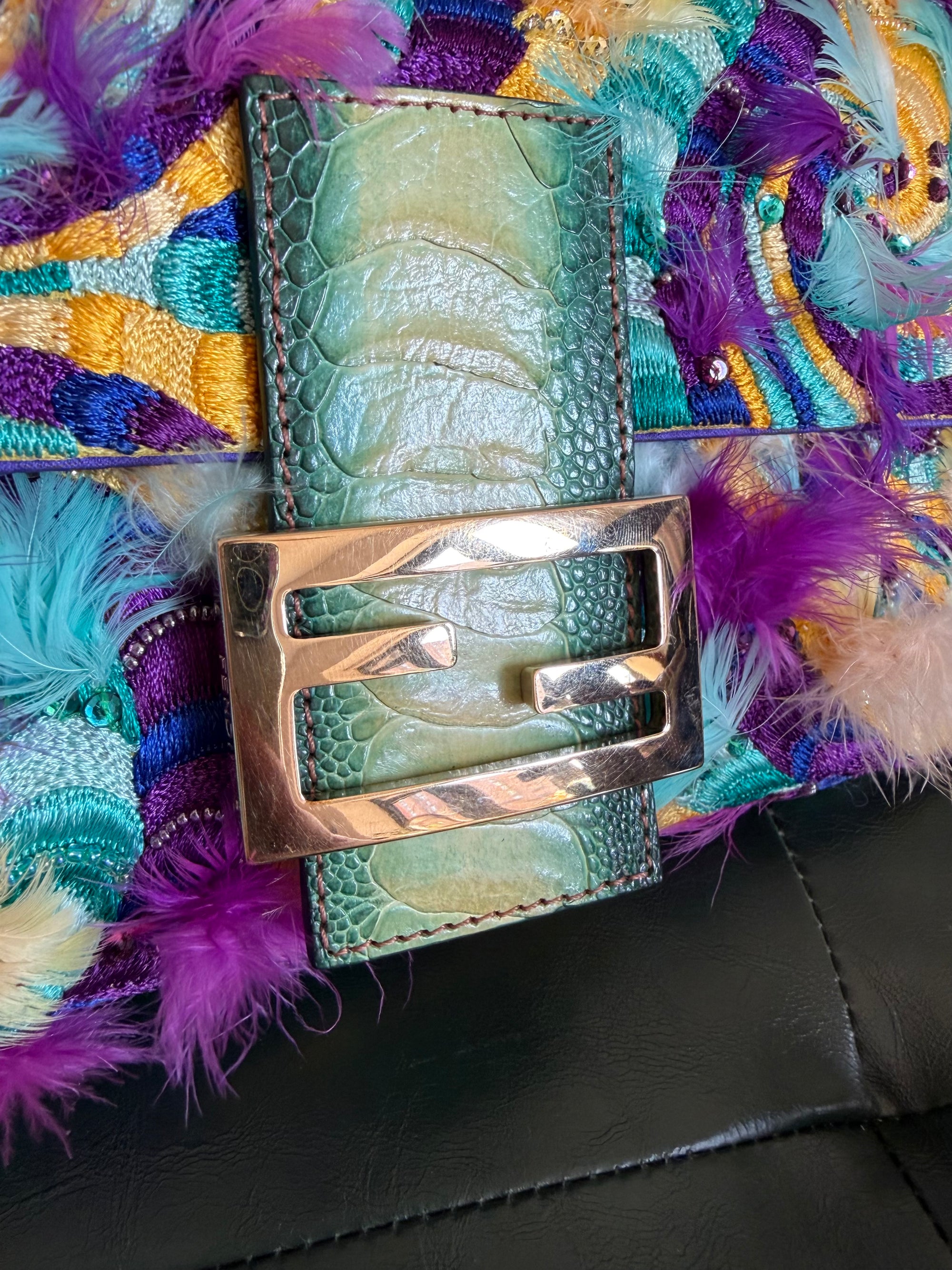 Ultra rare! Fendi ‘Willy Wonka’ embroidered fabric swirl and feather baguette bag
