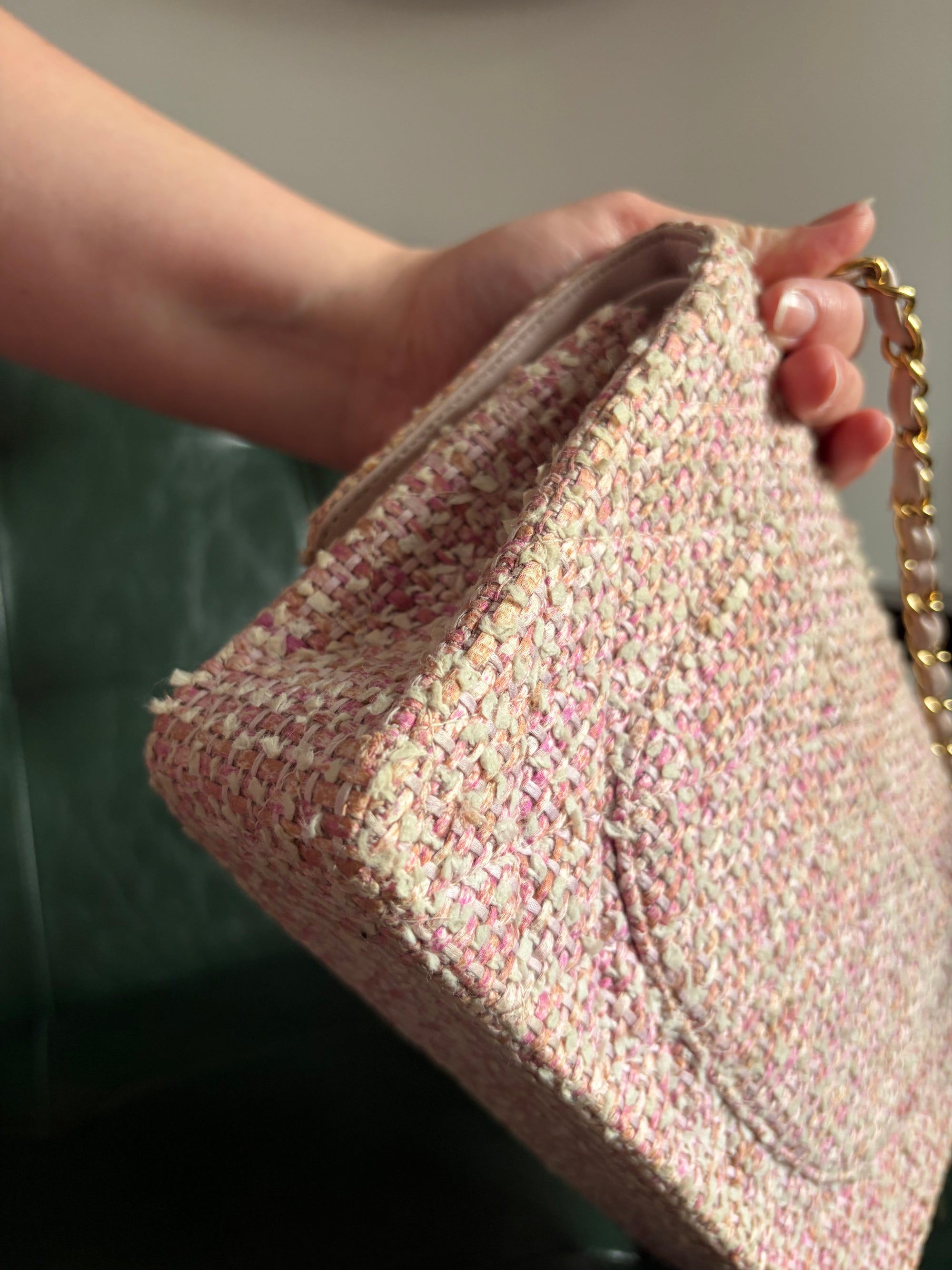 Chanel Vintage Pink and White Tweed Medium Classic Flap with 24ct Gold Hardware