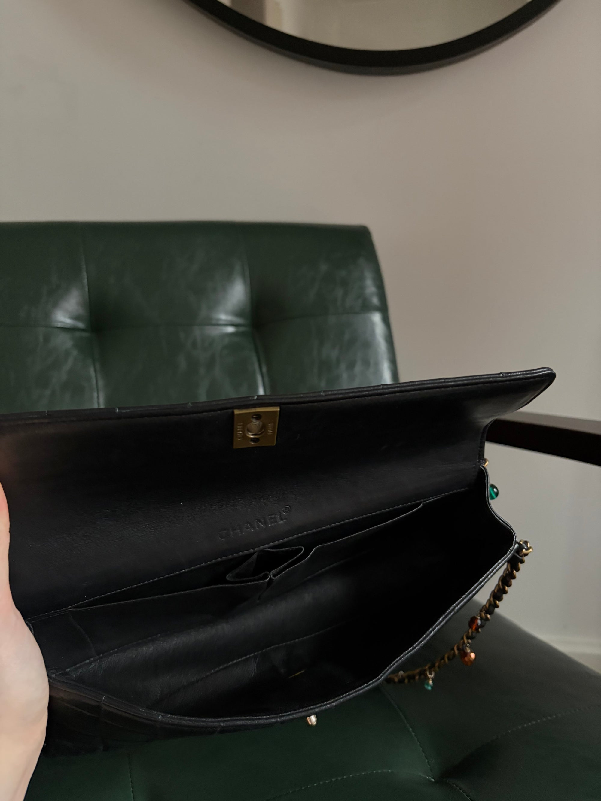 Rare! Chanel black lambskin chocolate bar east west bag with embellished chain