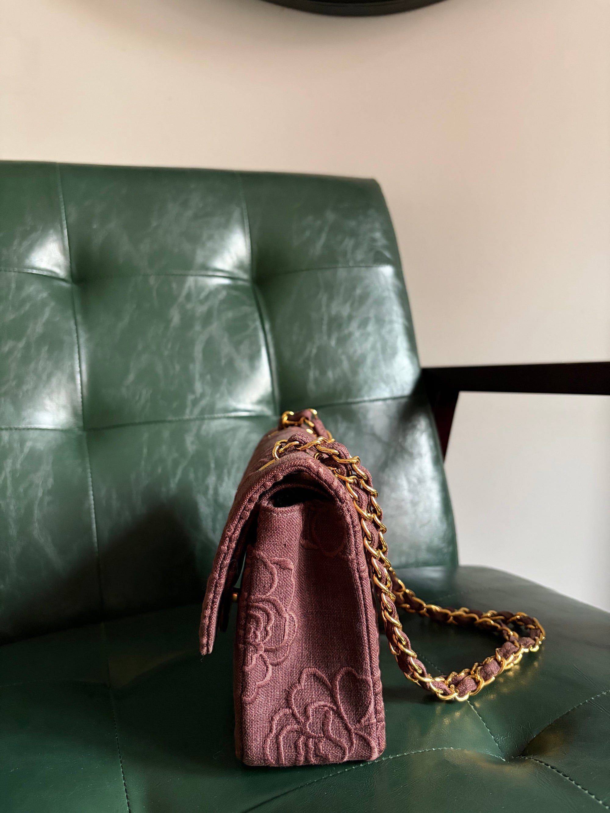Ultra rare! Vintage Chanel Burgundy Linen Camellia Small Double Flap Bag