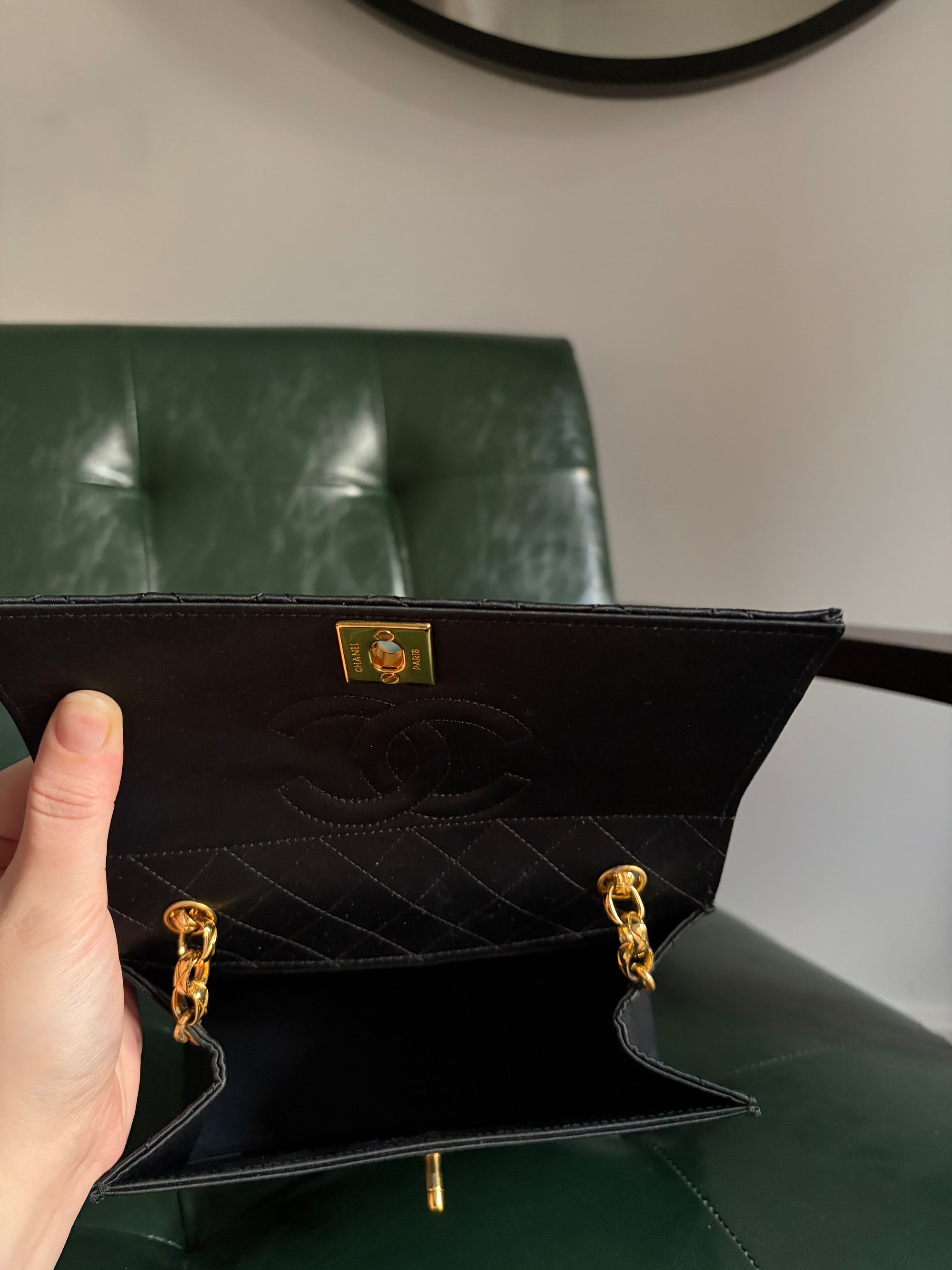 Rare! Chanel trapezoid black satin bag with 24ct gold bijoux chain