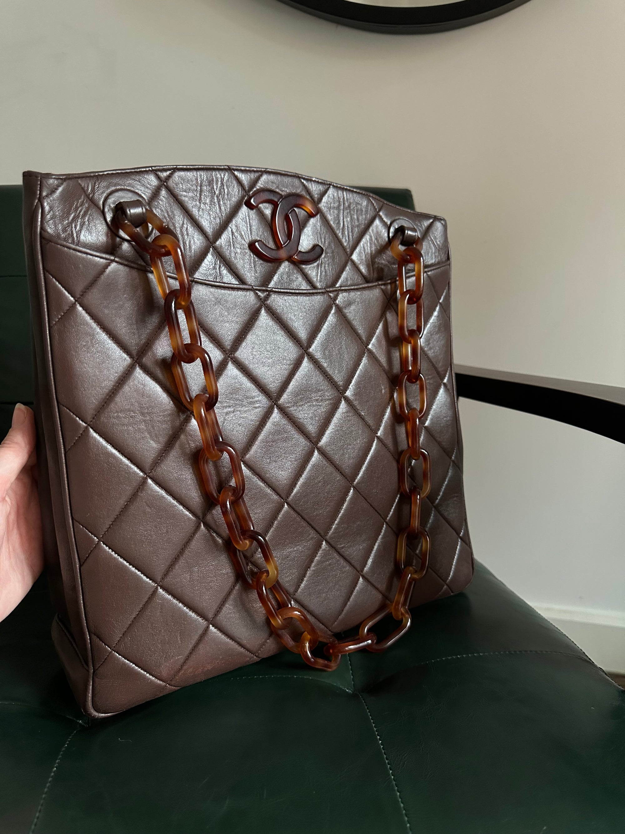 Chanel Vintage Brown Lambskin Tortoiseshell Chain Tote Bag