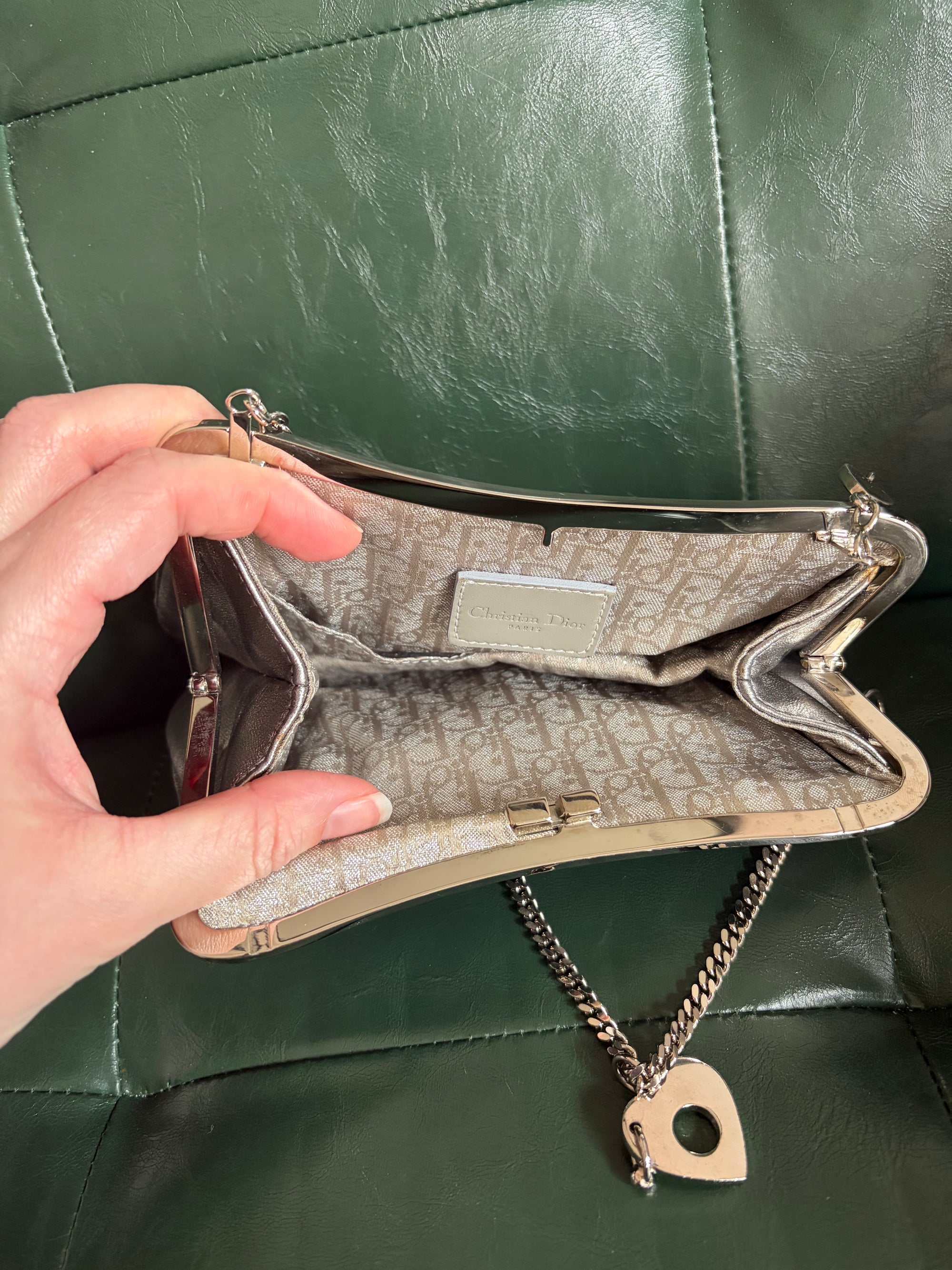 Ultra rare! Dior Silver Vintage Heart Chain Mini Saddle Bag