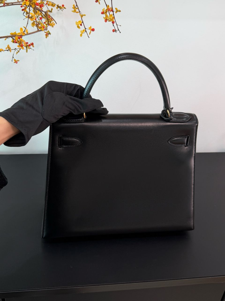 Hermes vintage Kelly 28 black box leather gold hardware