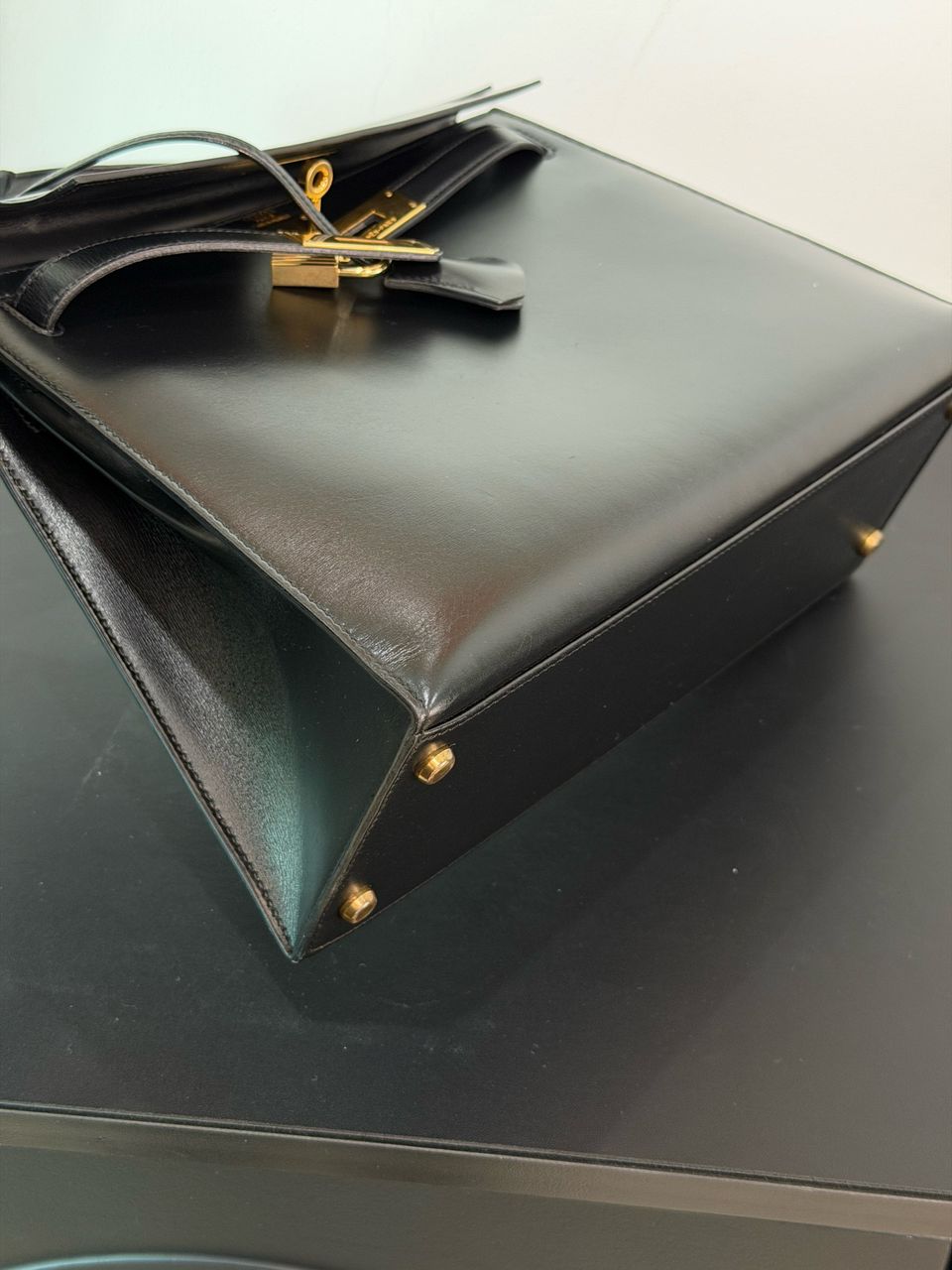 Hermes vintage Kelly 28 black box leather gold hardware