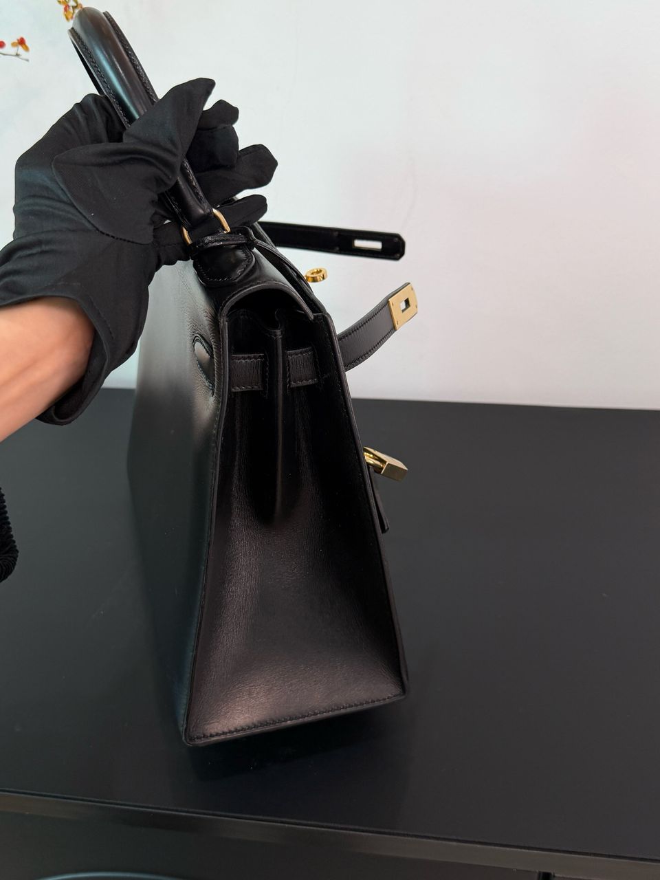 Hermes vintage Kelly 28 black box leather gold hardware